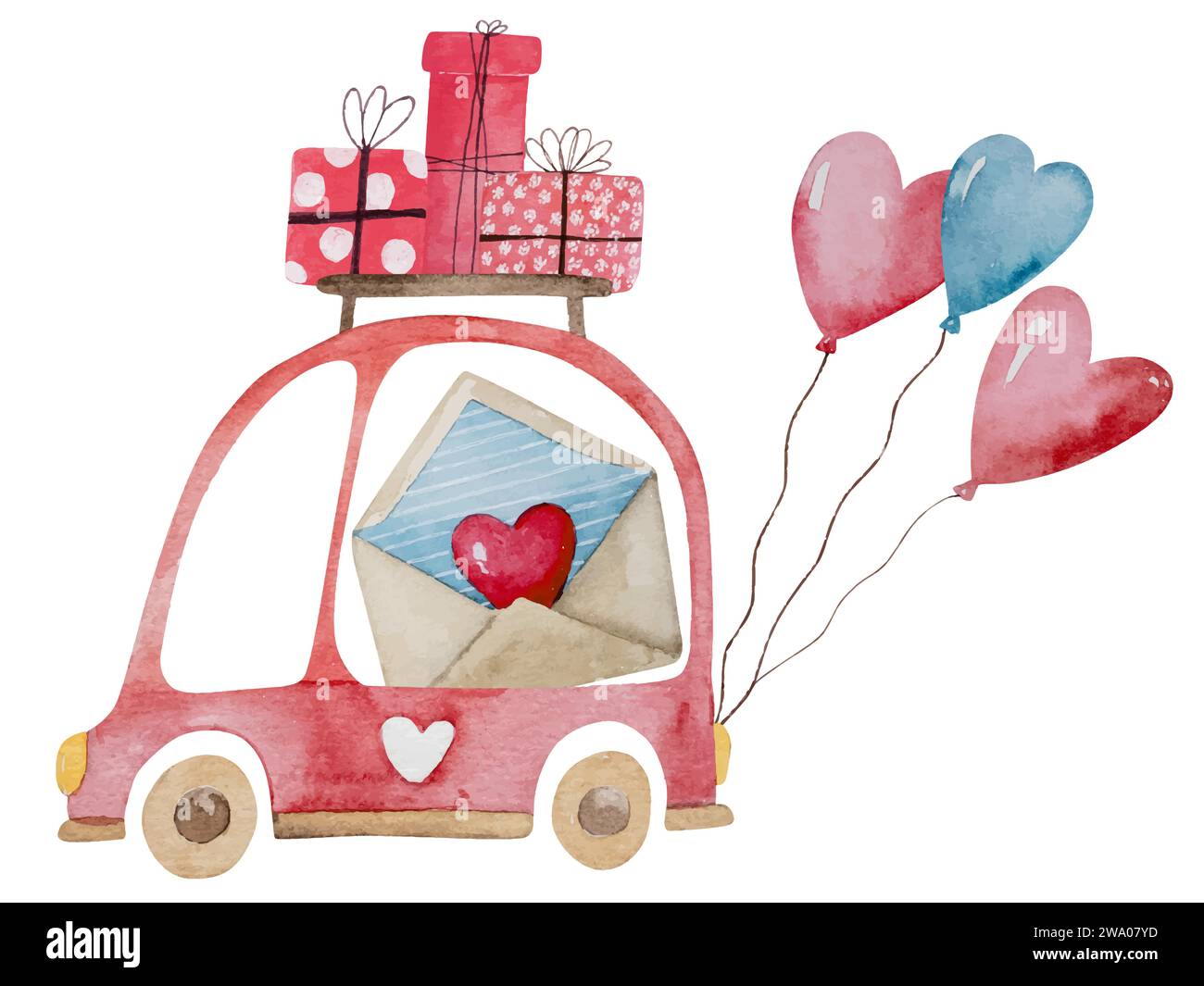 Clipart di illustrazione acquerello disegnato a mano a tema il 14 febbraio, con Un'auto con regali e palloncini per San Valentino e Una casa su ruote con regali Illustrazione Vettoriale
