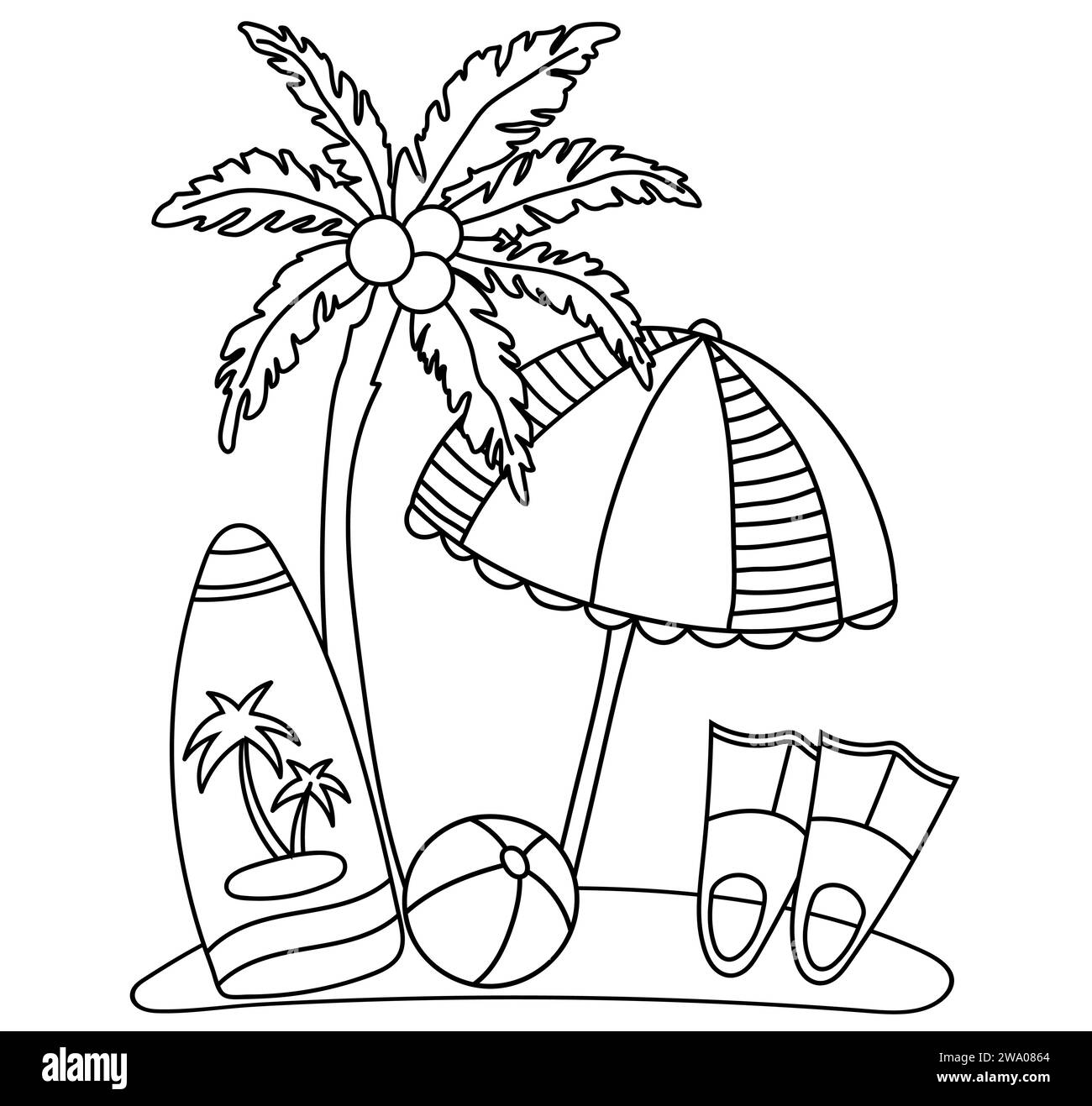 La pagina da colorare Vector disegnata a mano presenta Un tema estivo con una piccola isola, palme, ombrellone, tavola da surf e ballo per il relax estivo, che funge da libro da coloratore Illustrazione Vettoriale