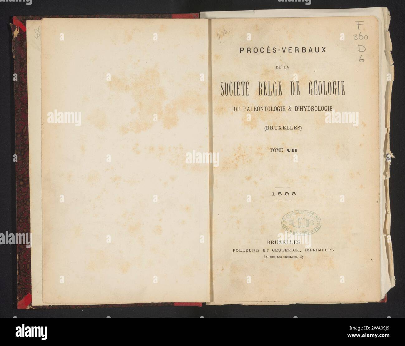 Bollettino della società belga di Geologia, Paleontologia e idrologia, Polleunis e Ceuterick, 1893 rivista Bruxelles stampa carta Foto Stock