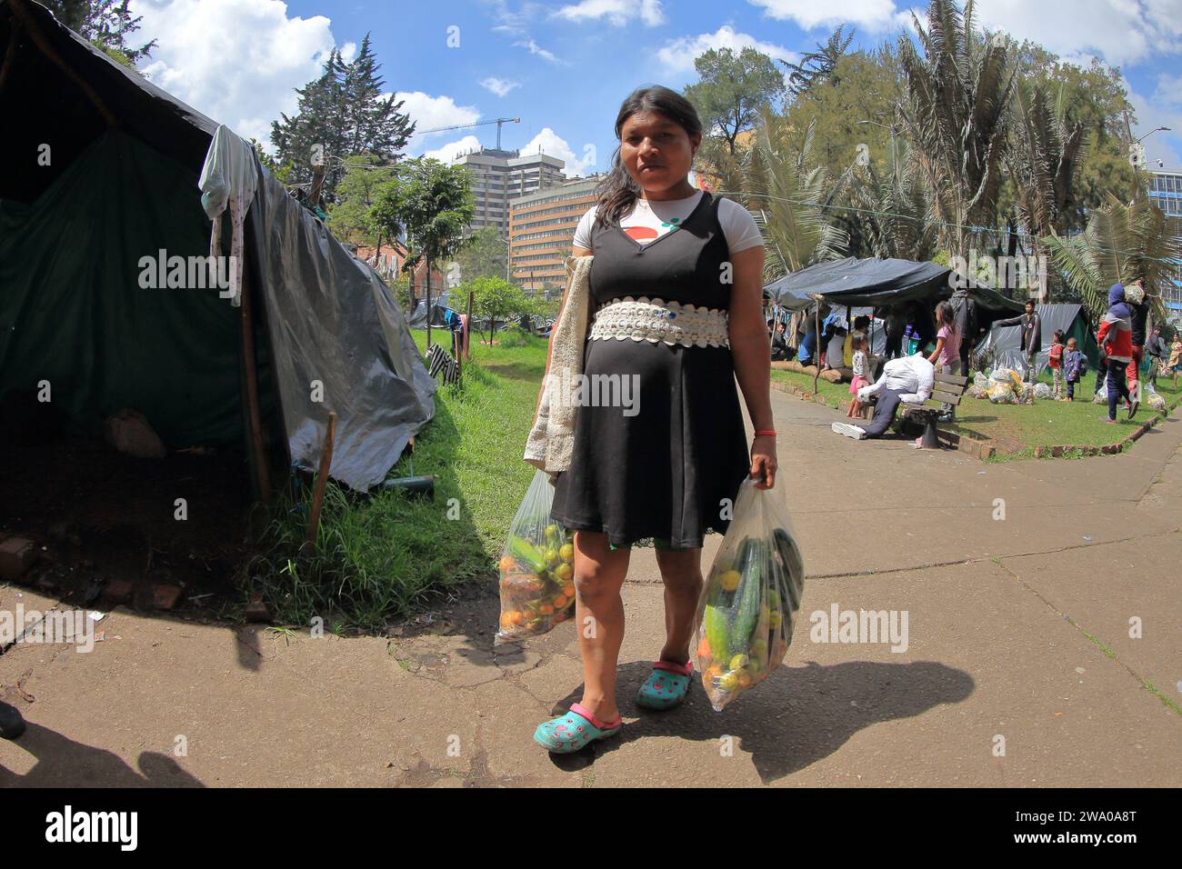 Dicembre, 29, 2023, Bogotà.Colombia: Una donna indigena sfollata dal comflict armato tra la guerriglia ELN e l'esercito colombiano nella Deparment of Choco nella parte occidentale del paese è vista nel Parco Nazionale della città di Bogotà alla vigilia di New yearÂ. ( Foto di: Jose Isaac Bula Urrutia/Eyepix Group (Credit Image: © Jose Isaac Bula Urrutia/eyepix via ZUMA Press Wire) SOLO USO EDITORIALE! Non per USO commerciale! Foto Stock