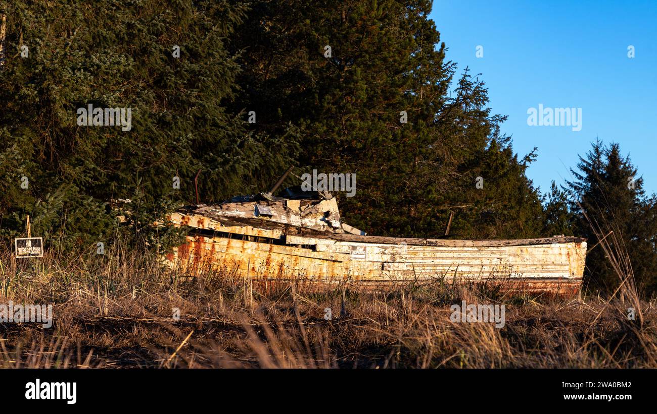 Barca abbandonata che si è gettata a riva sulla penisola di Long Beach alla luce del mattino Foto Stock