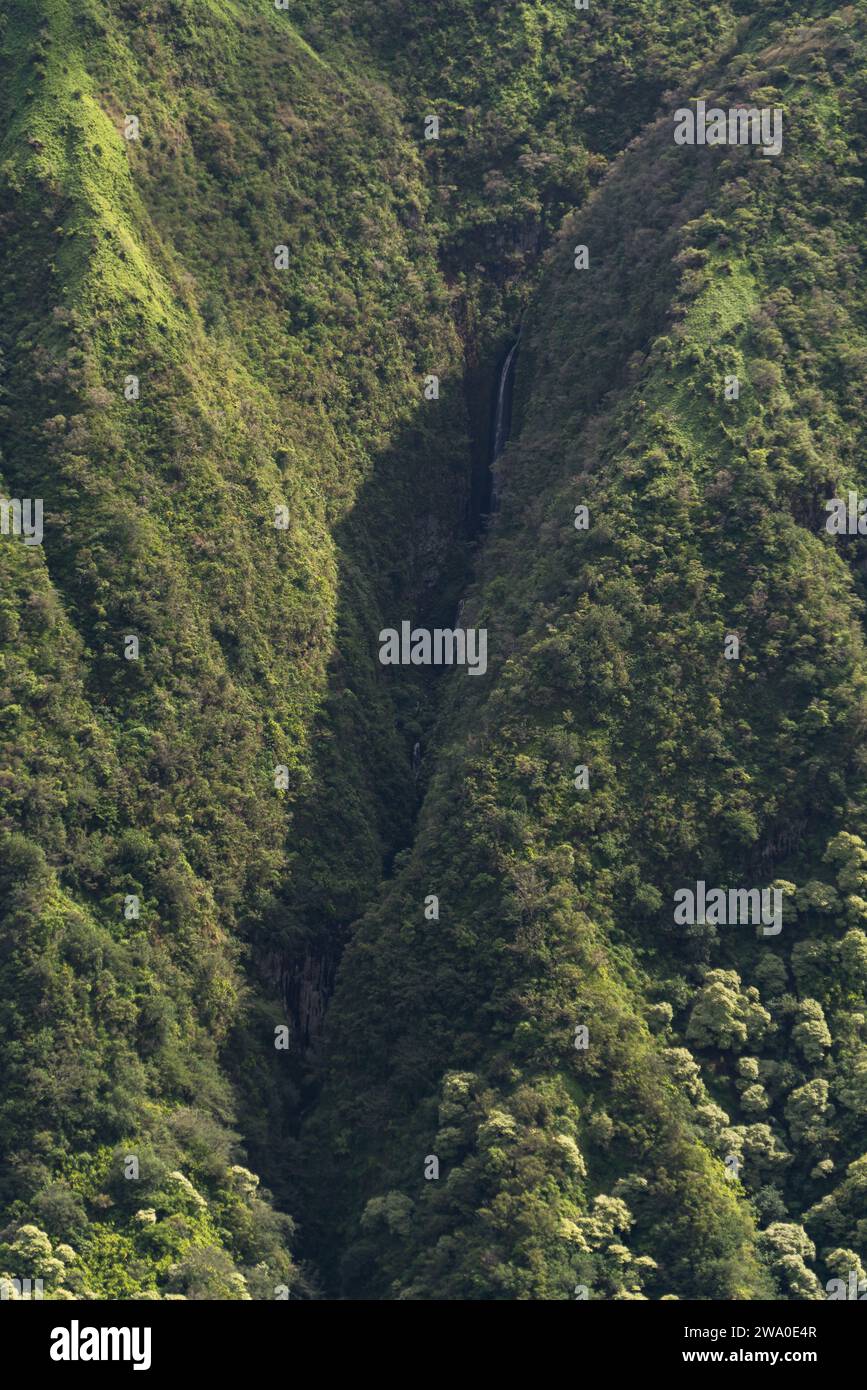 Una cascata isolata annidata tra i crepacci dei Monti West Maui, vista dal Waihe'e Ridge. Foto Stock