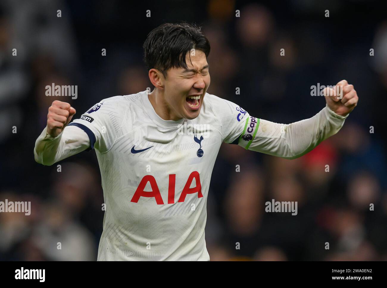 Londra, Regno Unito. 31 dicembre 2023 - Tottenham Hotspur contro AFC Bournemouth - Premier League - Stadio Tottenham Hotspur. Il figlio Heung-min del Tottenham celebra la vittoria al fischio finale contro Bournemouth. Credito immagine: Mark Pain / Alamy Live News Foto Stock