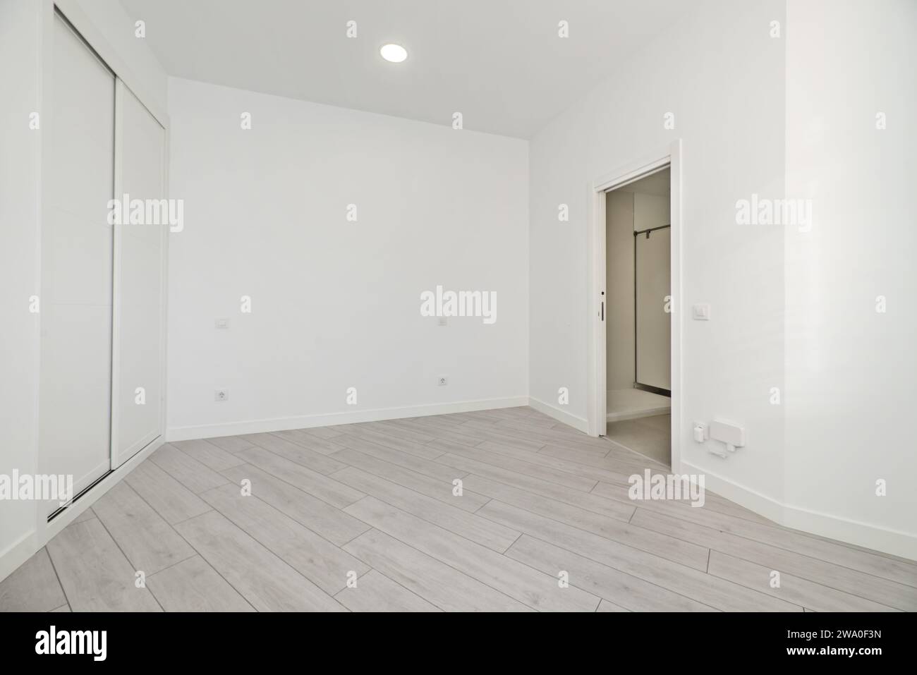 Camera in una casa tipo loft al piano terra con pavimenti in legno chiaro, accesso a un bagno e armadi a muro con porte scorrevoli Foto Stock