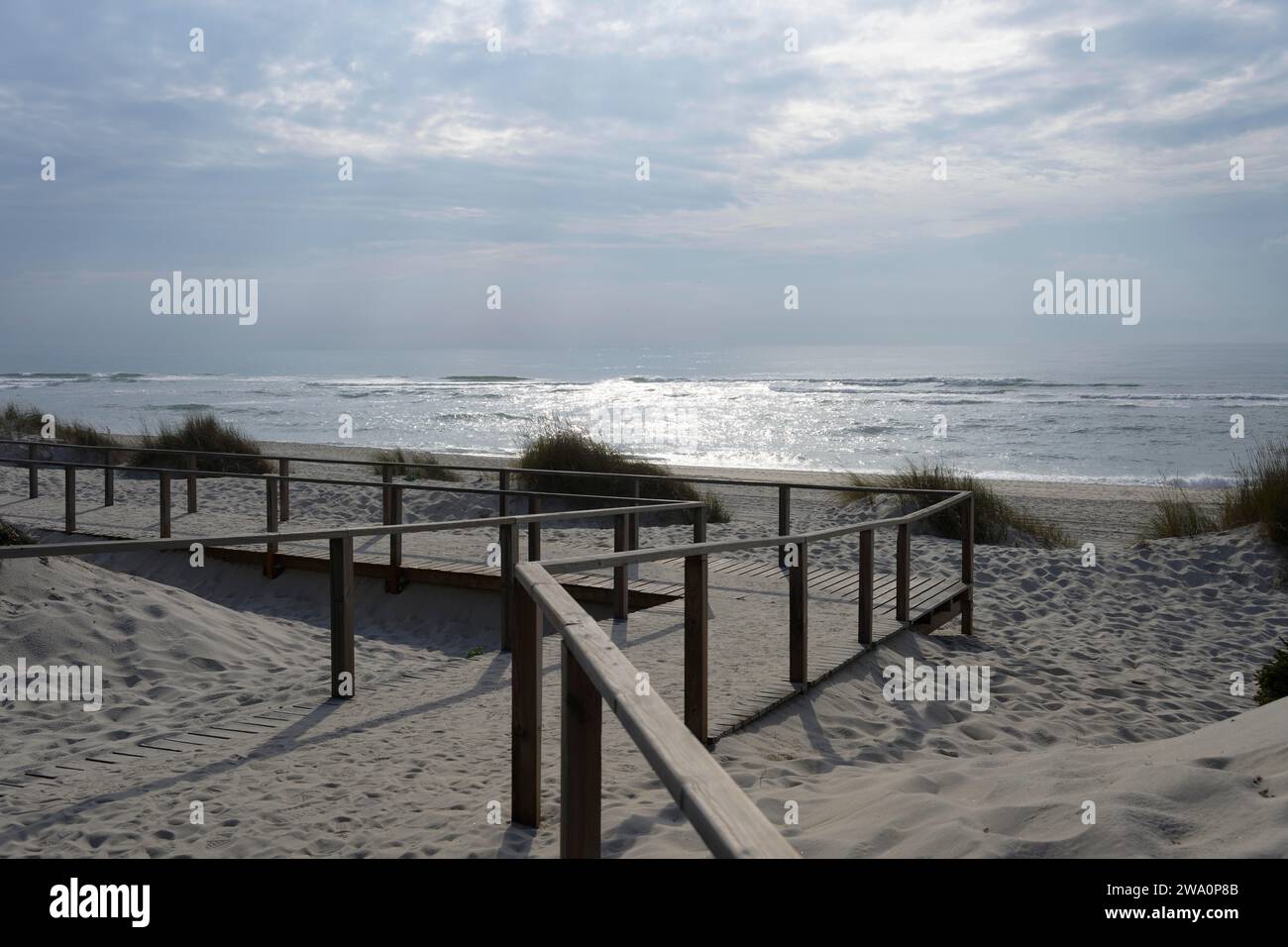 Mare, molo, sabbia, Praia da Costa Nova, Costa Nova do Prado, Aveiro, Portogallo, Europa Foto Stock