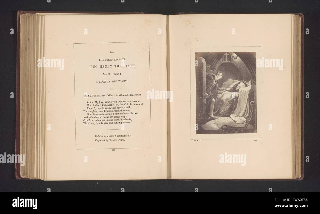 Produzione fotografica da una stampa a un dipinto di James Northcote, che rappresenta una scena di Hendrik vi, parte 1 di William Shakespeare, Stephen Ayling, dopo Robert Thew, dopo James Northcote, c. 1854 - nel o prima del 1867 Fotografia si può vedere l'atto II, scena 5 con Edmund Mortimer in una stanza della torre con Richard Plantagenet. Supporto fotografico londinese albumen stampa opere specifiche di letteratura Foto Stock