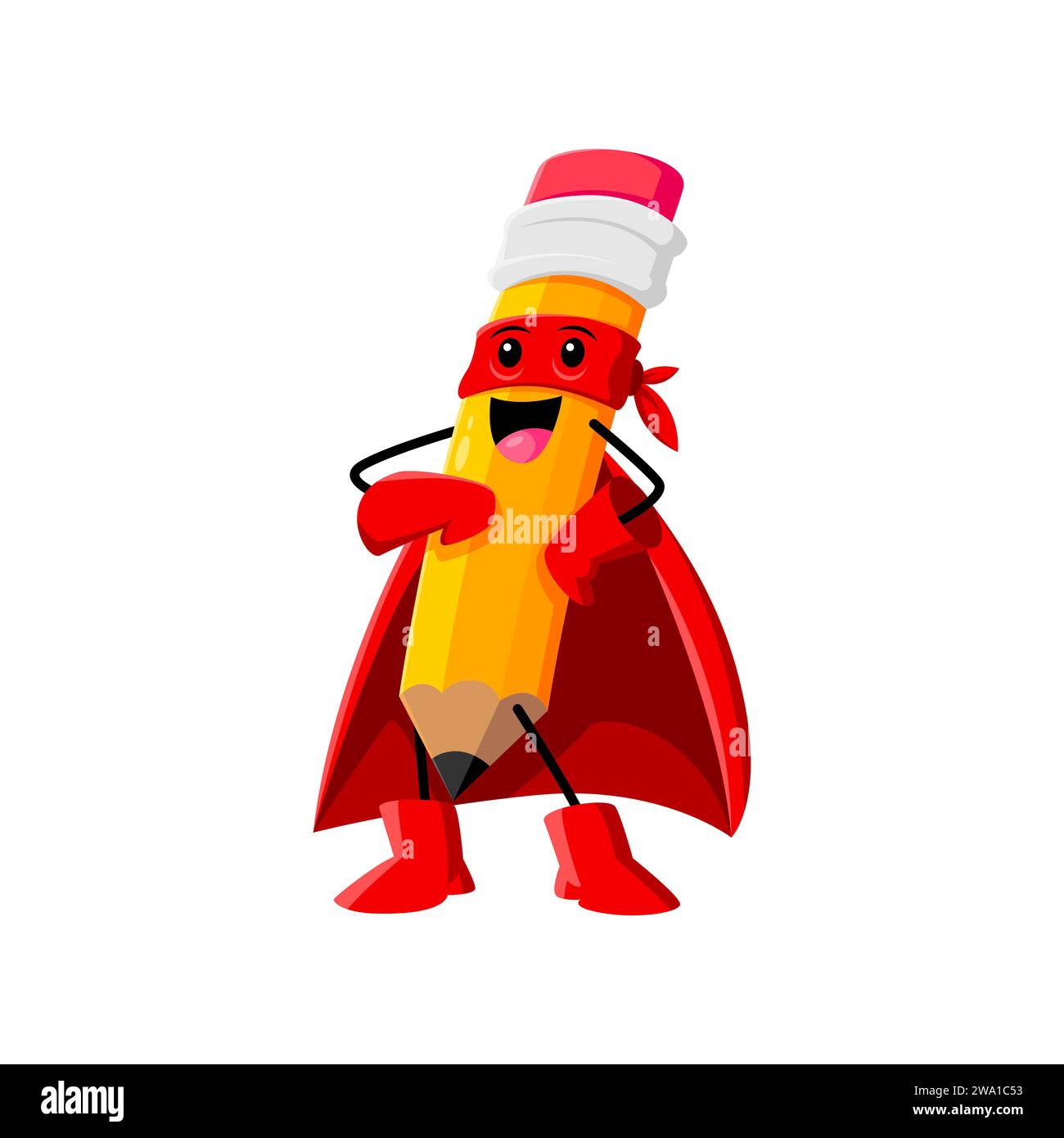 Cartoni animati a scuola forniscono supereroe e personaggio difensore. Personaggio isolato di Pencilman, stravagante vettoriale, articolo di cancelleria rivestito, pronto a salvare l'avventura della giornata con creatività, giustizia e stile Illustrazione Vettoriale