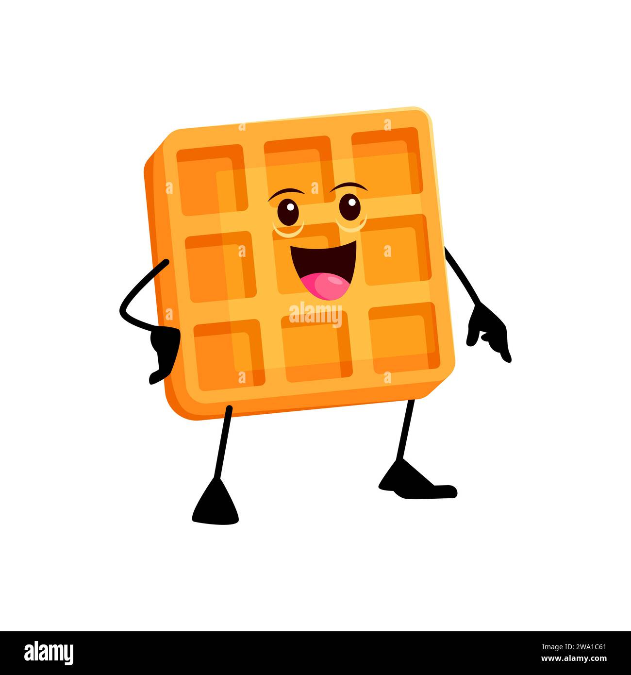 Cartoni animati, allegro personaggio belga per la colazione a base di waffle. Delizioso wafer vettoriale isolato, simpatico antipasto fresco con volto sorridente. Simpatica pasticceria, snack di pasticceria con corpo a base di waffle Illustrazione Vettoriale