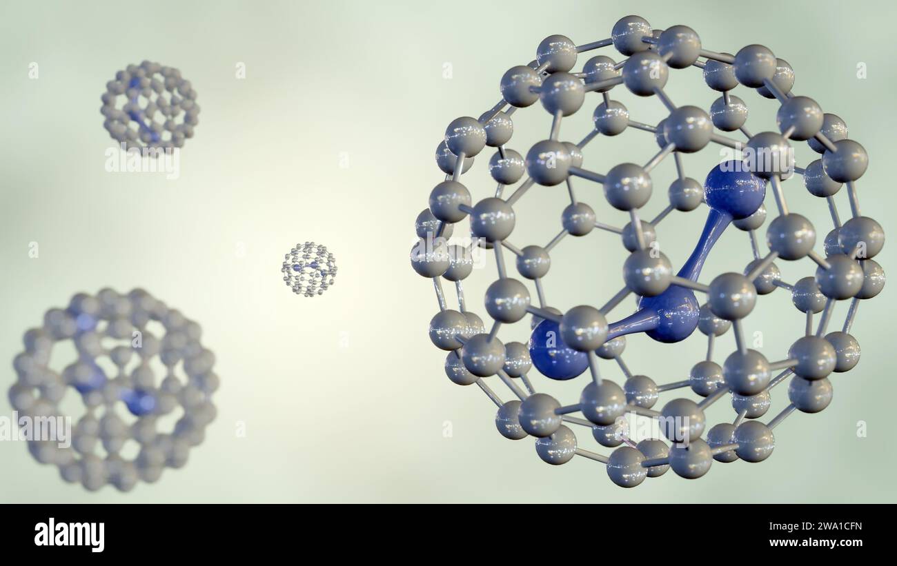 Rendering 3d di H2O o molecola d'acqua all'interno della gabbia del fullerene C60 Foto Stock