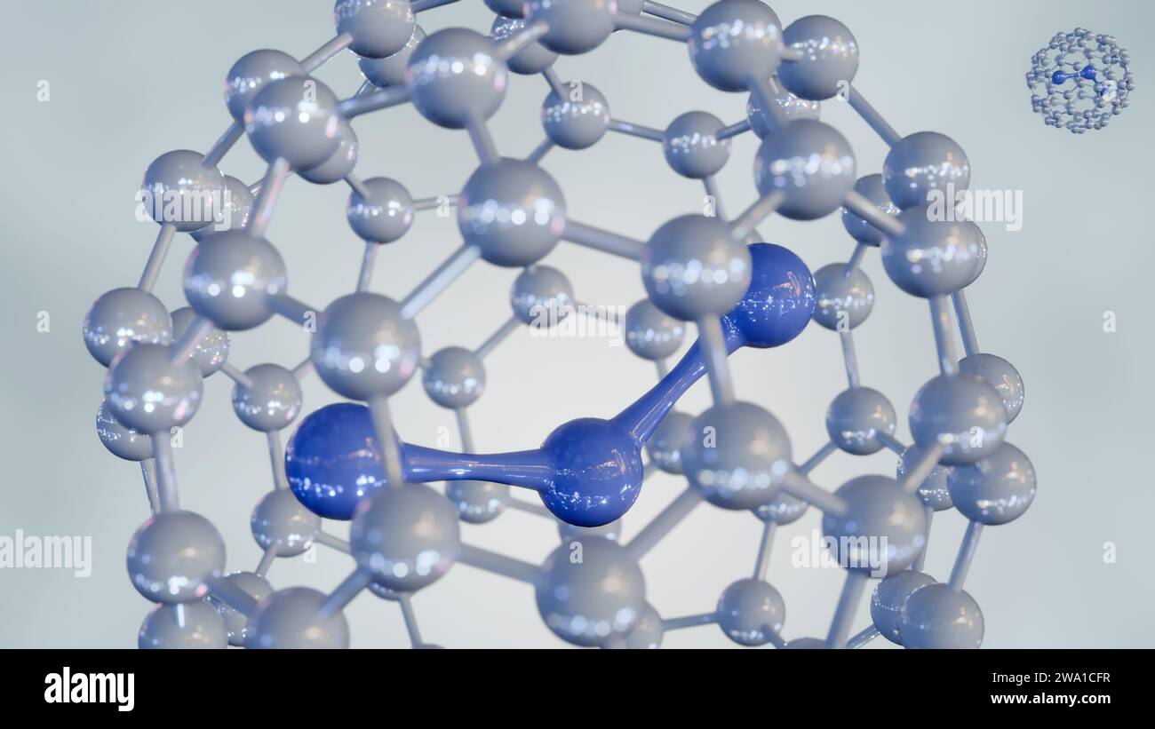 Rendering 3d di H2O o molecola d'acqua all'interno della gabbia del fullerene C60 Foto Stock