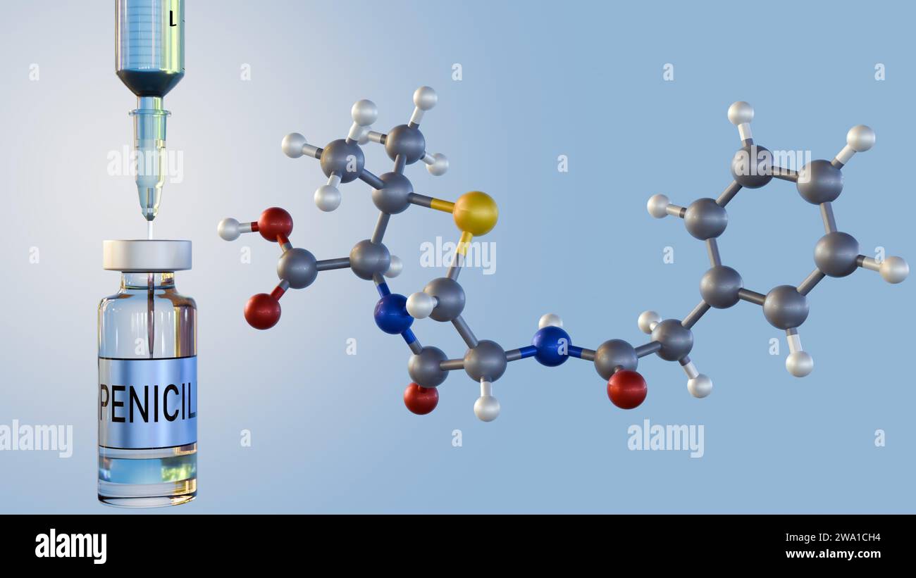 Rendering 3D delle molecole di penicillina G o benzilpenisilina con siringa medica e farmaco iniettabile Foto Stock
