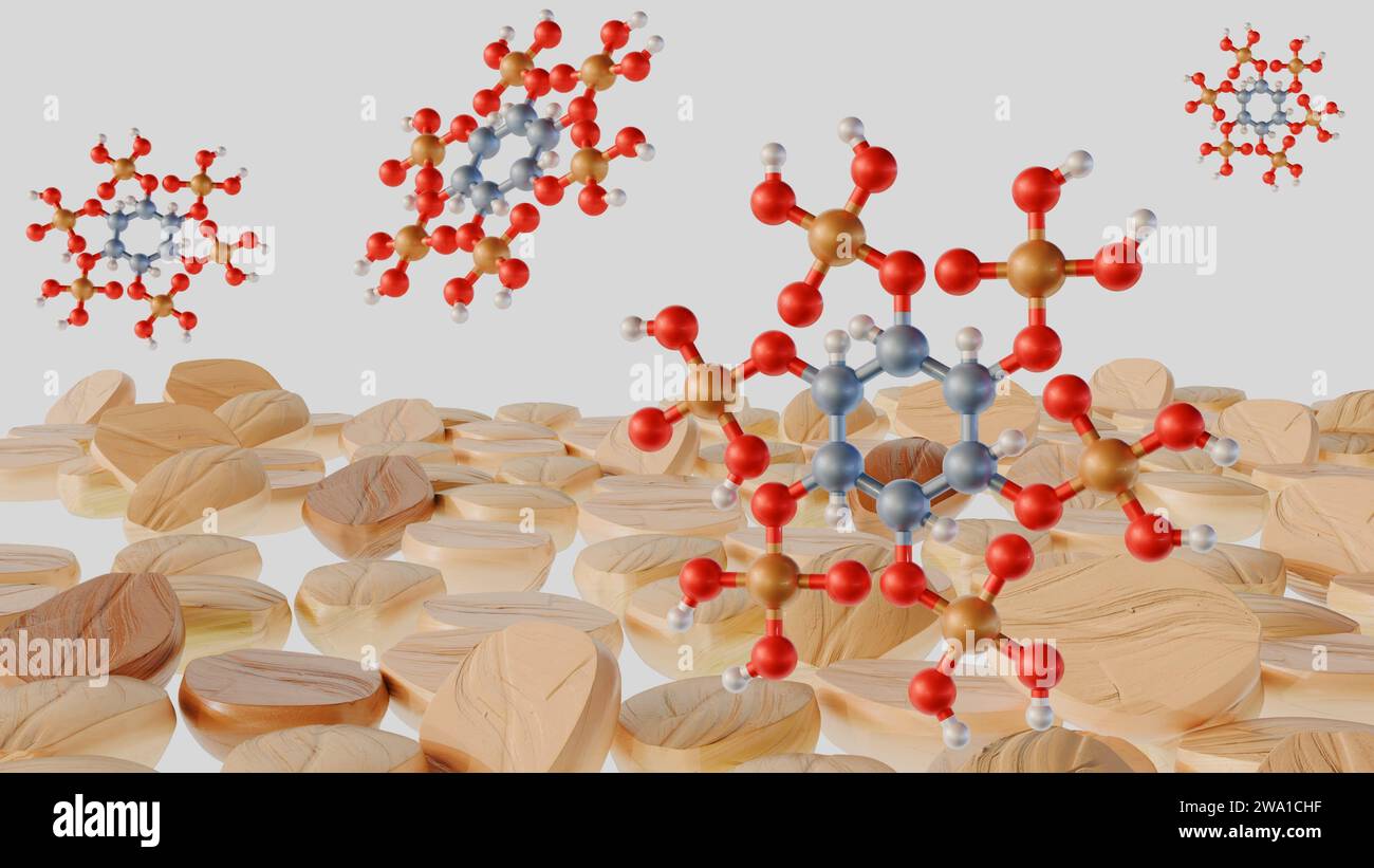 Rendering 3d del fitato, noto anche come acido fitico, si trova nei semi, nelle noci, nei legumi e nei cereali interi non trattati Foto Stock