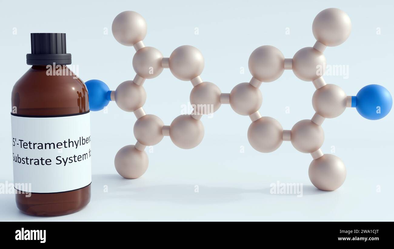 Rendering 3d di 3,3′,5,5′-tetrametilbenzidina o molecole di TMB con flacone in vetro marrone. Questo reagente è utilizzato nei saggi immunosorbenti legati agli enzimi o E. Foto Stock