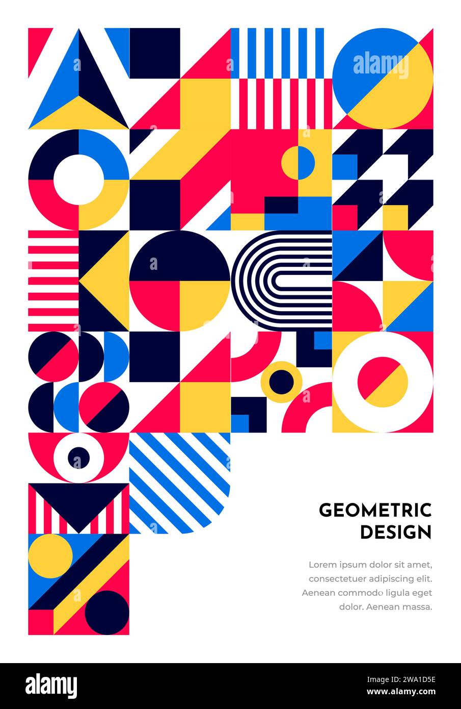 Poster o striscione astratto con motivo geometrico Bauhaus, modello di copertina vettoriale. Sfondo Bauhaus con elementi di forma semplice blu, giallo e rosso di motivi a mosaico artistico svizzero o scandinavo Illustrazione Vettoriale