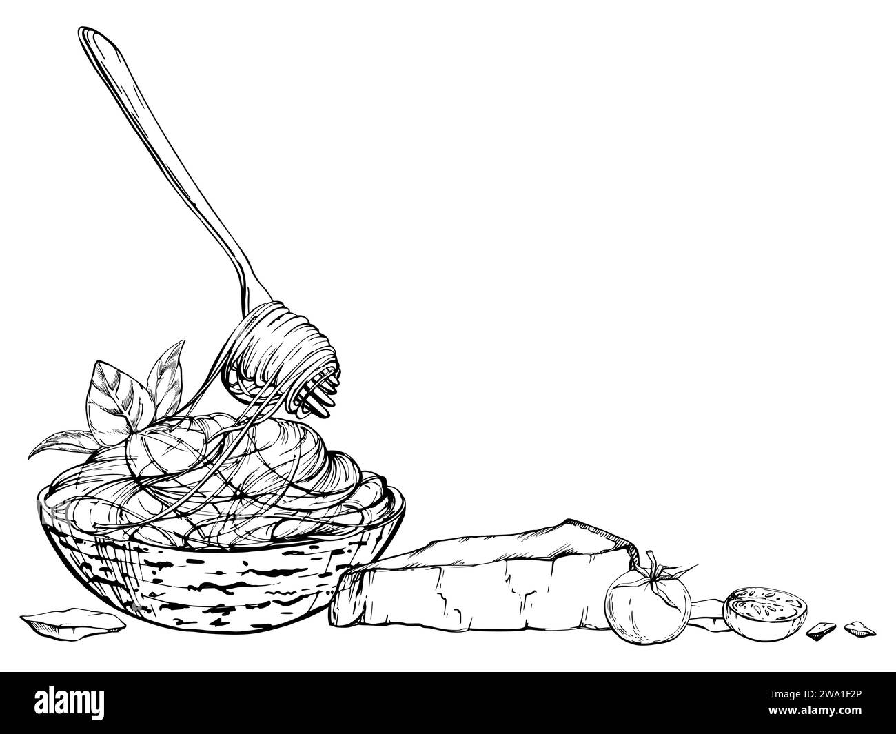 Illustrazione a inchiostro vettoriale disegnata a mano. Piatto di pasta della cucina italiana, ciotola di spaghetti, formaggio parmigiano, pomodoro erbe aromatiche. Composizione isolata su bianco Illustrazione Vettoriale