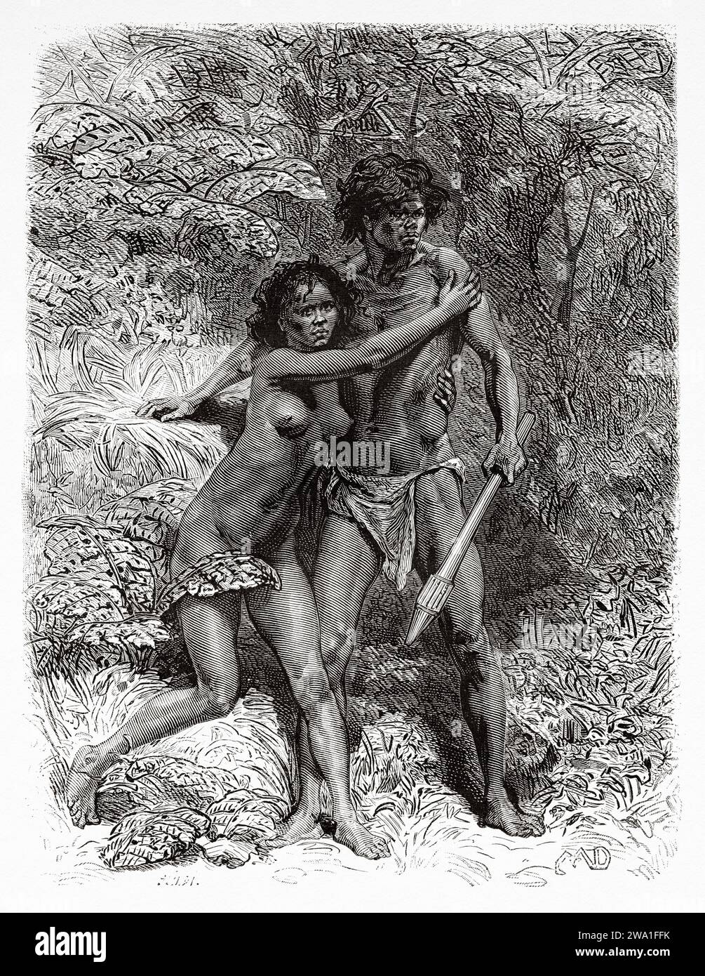 Uomo e donna aborigeni nativi australiani. Queensland, Australia. Sei mesi in Australia 1878 da Desire Charnay (1828 - 1915) incisione del vecchio XIX secolo da le Tour du Monde 1880 Foto Stock