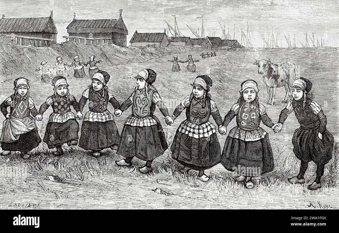 Danza tradizionale dei bambini di Marken, Zuiderzee , Olanda. Europa. Olanda 1878 di Charles de Coster (1827 - 1879) incisione del vecchio XIX secolo da le Tour du Monde 1880 Foto Stock