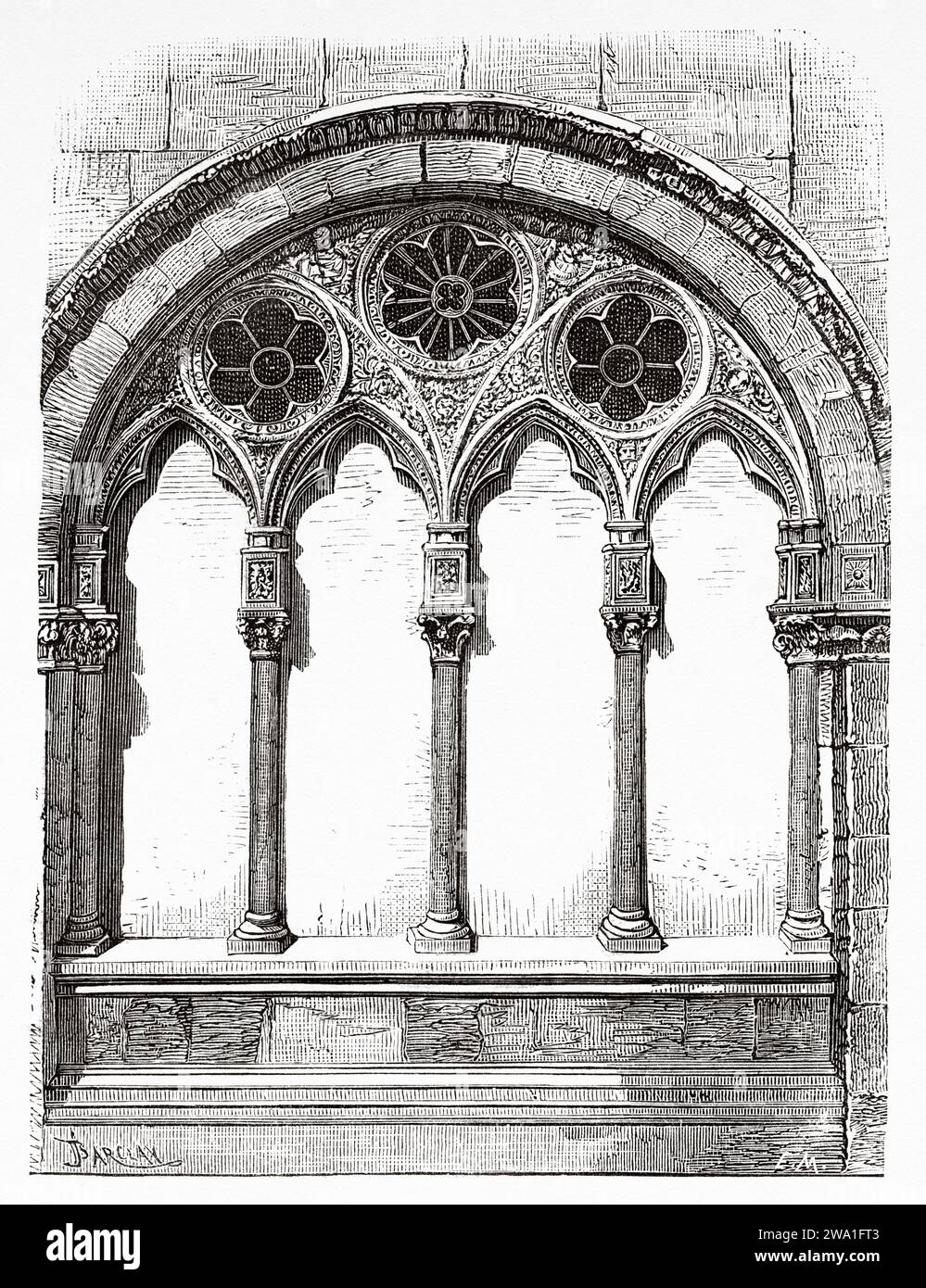 Finestra oratoria della chiesa di Santa Maria della Rosa, Lucca. Toscana, Italia centrale. Europa. Piccole città e grande arte in Toscana di Henri Belle (1837-1890) incisione del XIX secolo antico da le Tour du Monde 1880 Foto Stock