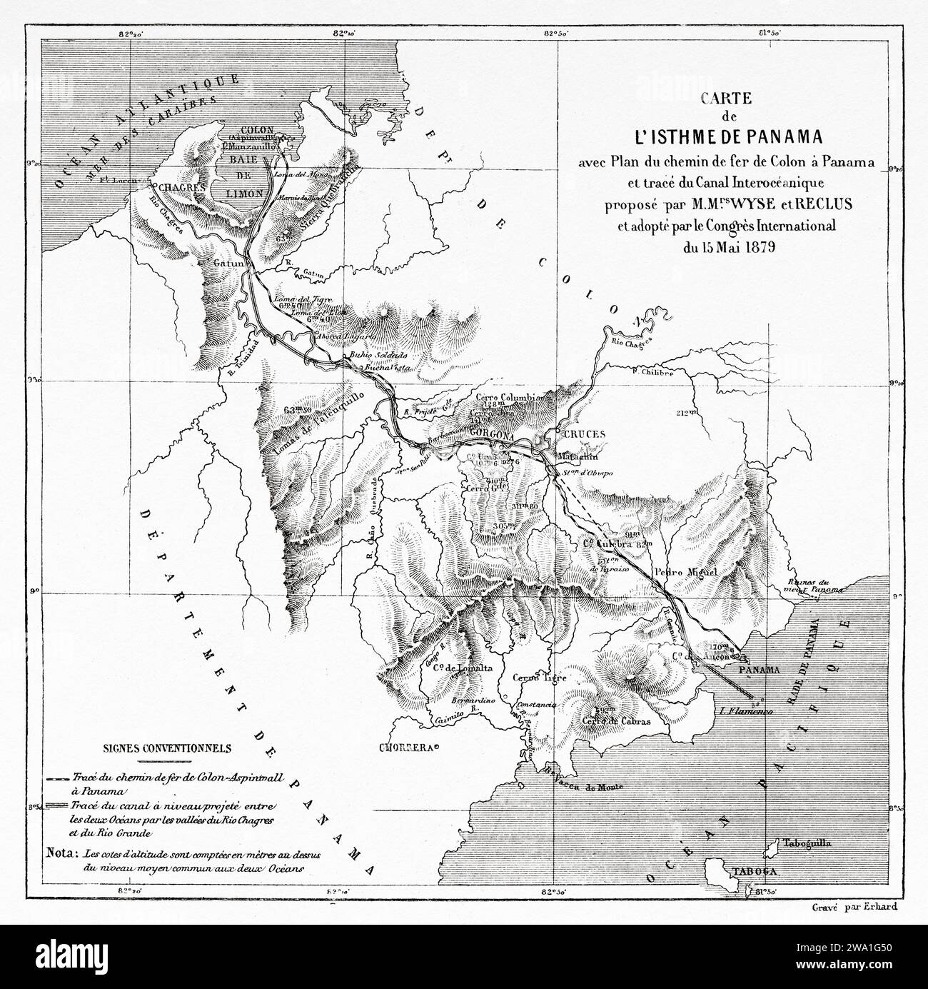 Mappa dell'istmo di Panama con piano della ferrovia da Colon a Panama e traccia del canale interoceanico proposto da Wyse e Reclus e adottato dal Congresso Internazionale del 15 maggio 1879. Repubblica di Panama. America centrale. Esplorazioni nell'istmo di Panama e Darien 1876-1878 di Armand Reclus (1843 - 1927) incisione dell'antico XIX secolo da le Tour du Monde 1880 Foto Stock