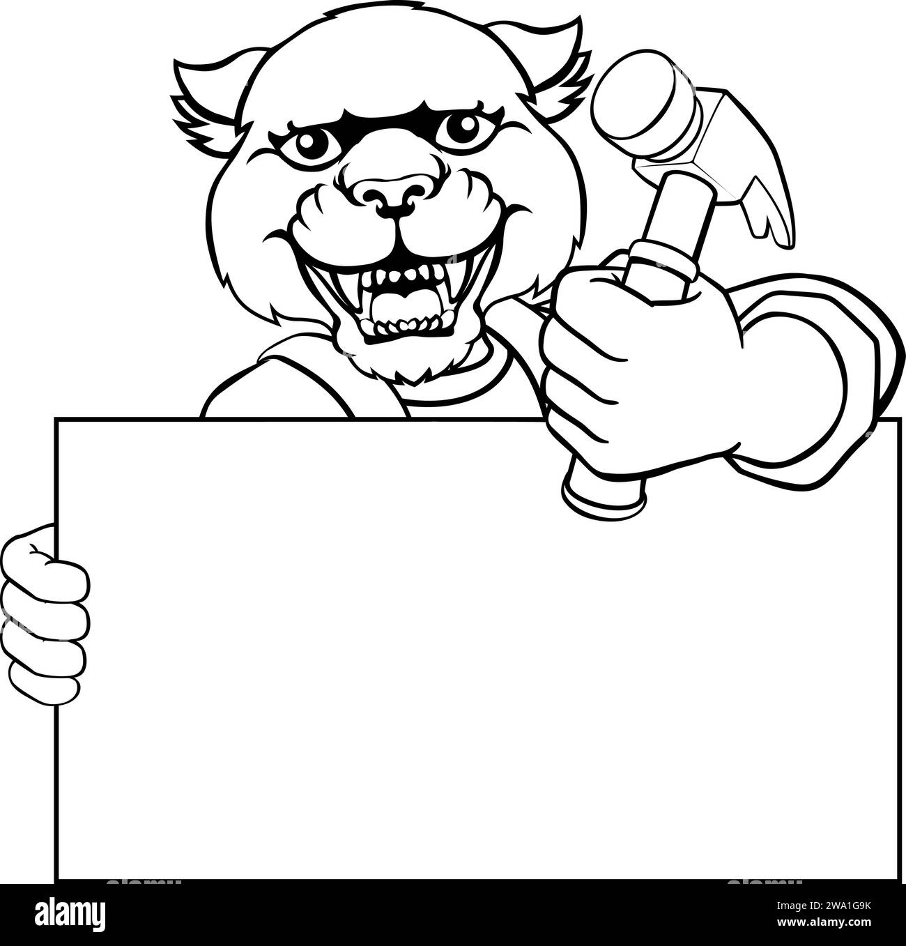 Panther Hammer Cartoon Mascotte Handyman Carpenter Illustrazione Vettoriale