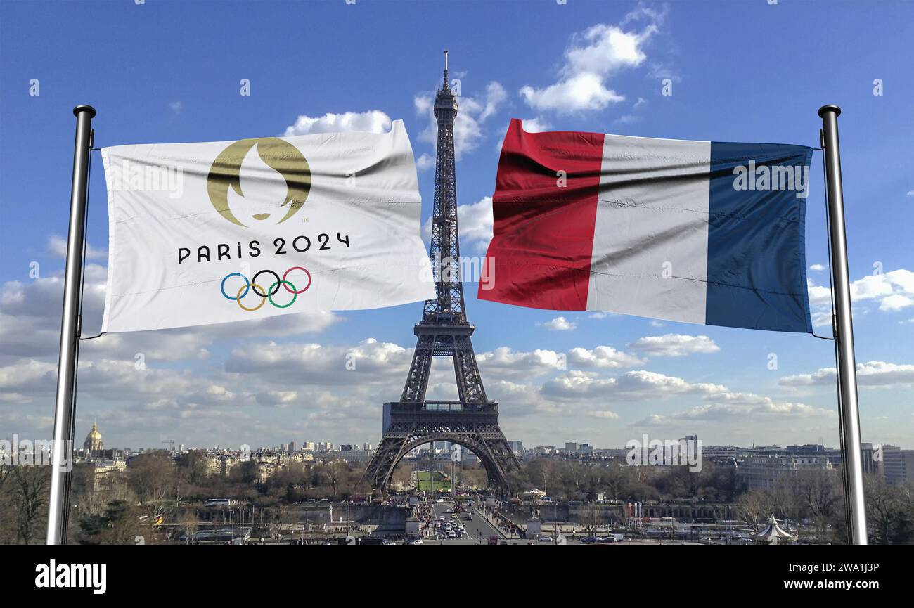 Vista dall'alto della bandiera dei giochi olimpici francesi 2024 con