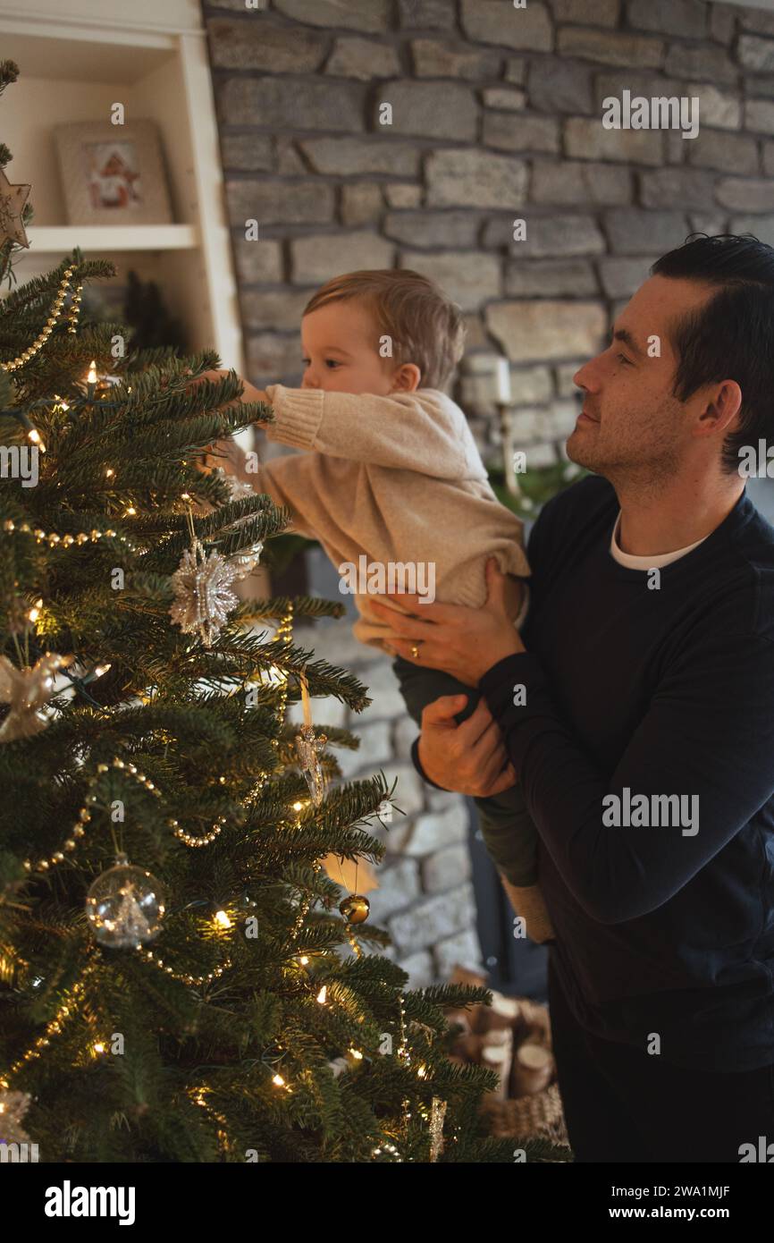Padre e figlio si divertono a festeggiare il legame familiare decorando l'albero di natale Foto Stock