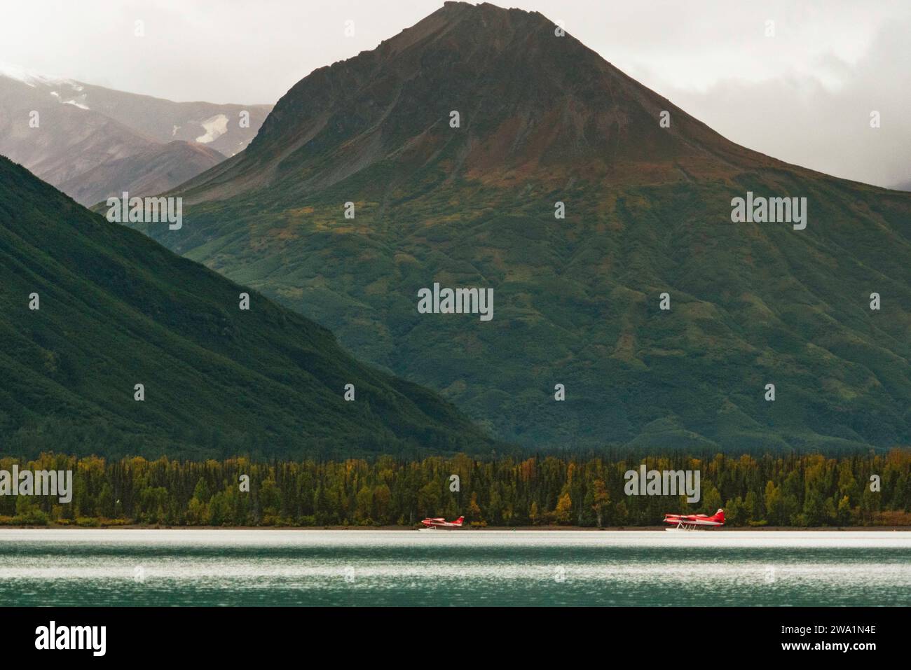 Due aerei galleggianti parcheggiati su un lago con una montagna in Alaska Foto Stock