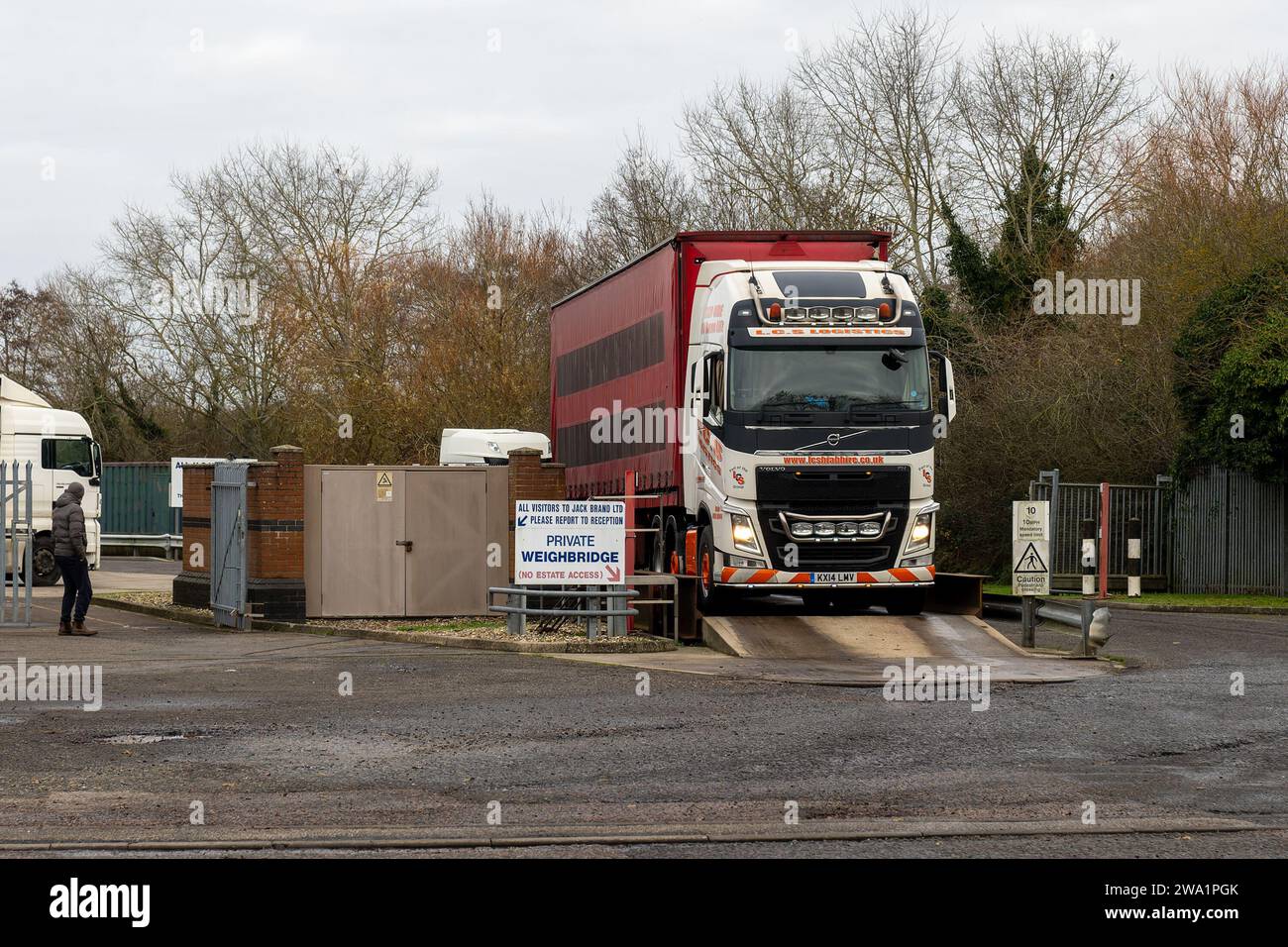 Un camion di trasporto di pollo vivo in gabbia viene pesato su un ponte di pesatura a Claydon, nel Suffolk. Foto Stock