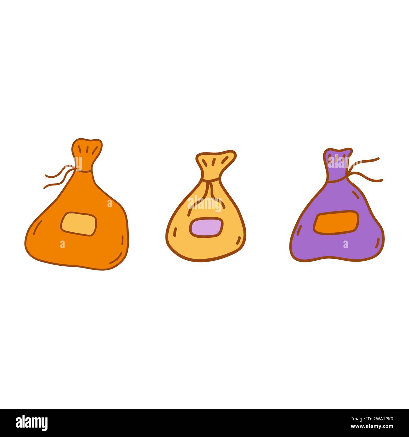 Set di sacchetti in tessuto giallo, arancione e viola per la conservazione di erbe, spezie o cose, legati con filo e con etichette. Illustrazione colorata isolata vettoriale Illustrazione Vettoriale