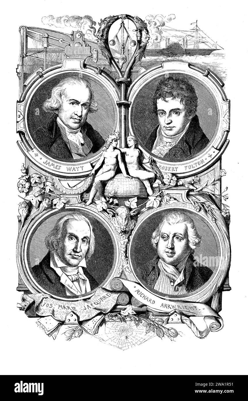 Pagina introduttiva alla costruzione di macchine con i ritratti di inventori e imprenditori che contribuiscono alla Rivoluzione industriale: James Watt, Robert Fulton, Joseph Marie Charles soprannominato Jacquard e Richard Arkwright Foto Stock