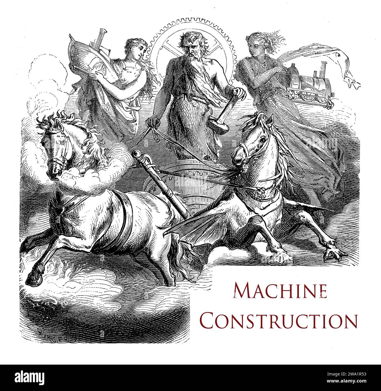 Tipografia, splendida vignetta di un libro d'epoca sulla costruzione di macchine con la mitica figura di Efesto dio greco del fuoco, della lavorazione dei metalli e dell'artigianato Foto Stock