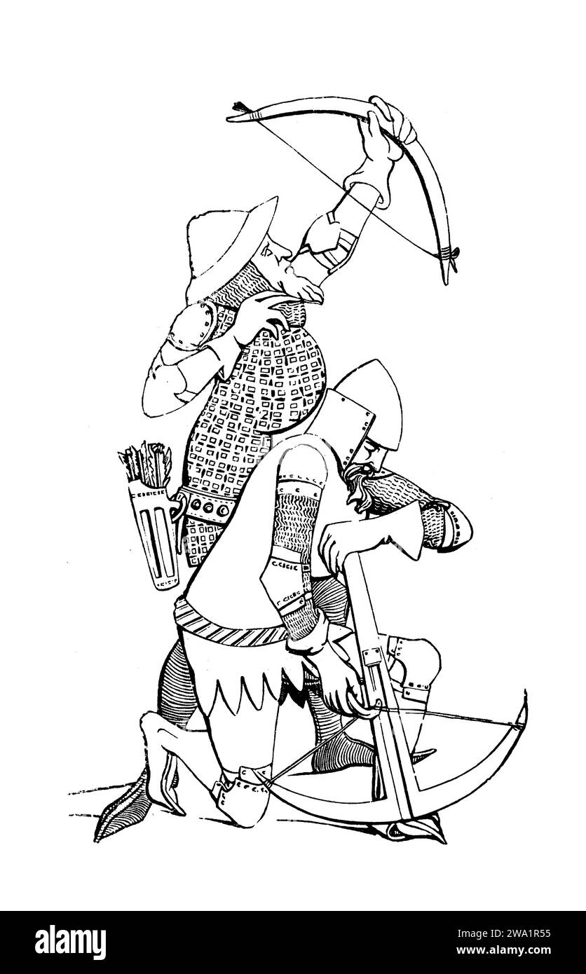 Guerrieri medievali con arco e balestra, armi del XIV secolo Foto Stock