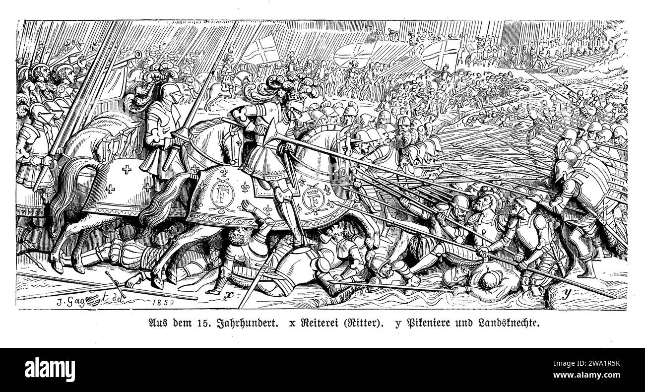 Esercito medievale del XV secolo, battaglia con cavalleria e lansquenets, mercenari Foto Stock