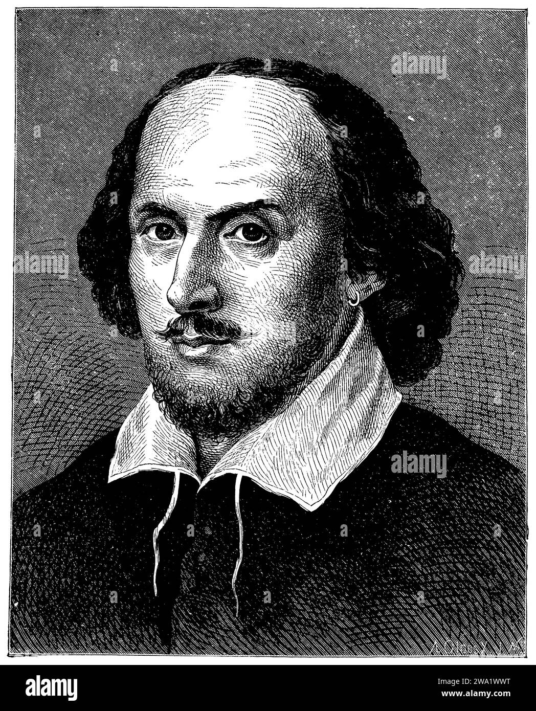 William Shakespeare (getauft AM 26. Aprile 1564 (Julianischer Kalender)-1616), drammaturgo inglese il cosiddetto dipinto Chandos, che si dice sia stato dipinto da Richard Burbadge o John Taylor, fratello dell'attore Joseph Taylor, ed è stato nella National Portrait Gallery di Londra dal 1856, , (libro di storia letteraria, 1896), William Shakespeare (getauft am 26. Aprile 1564 (Julianischer Kalender)-1616), englischer Dramatikerdas sogen. Chandos-Bild, das von Richard Burbadge oder von John Taylor, Bruder des Schauspielers Joseph Taylor, gemalt worden sein soll und sich seit 1856 in der Na Foto Stock