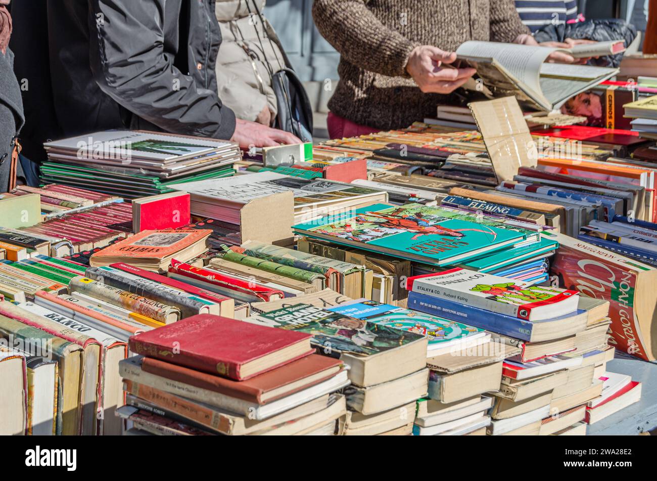 MADRID, SPAGNA - 23 FEBBRAIO 2014: Persone che visitano la fiera del libro Cuesta de Moyano, situata in via Claudio Moyano a Madrid, famosa per le cabine Foto Stock