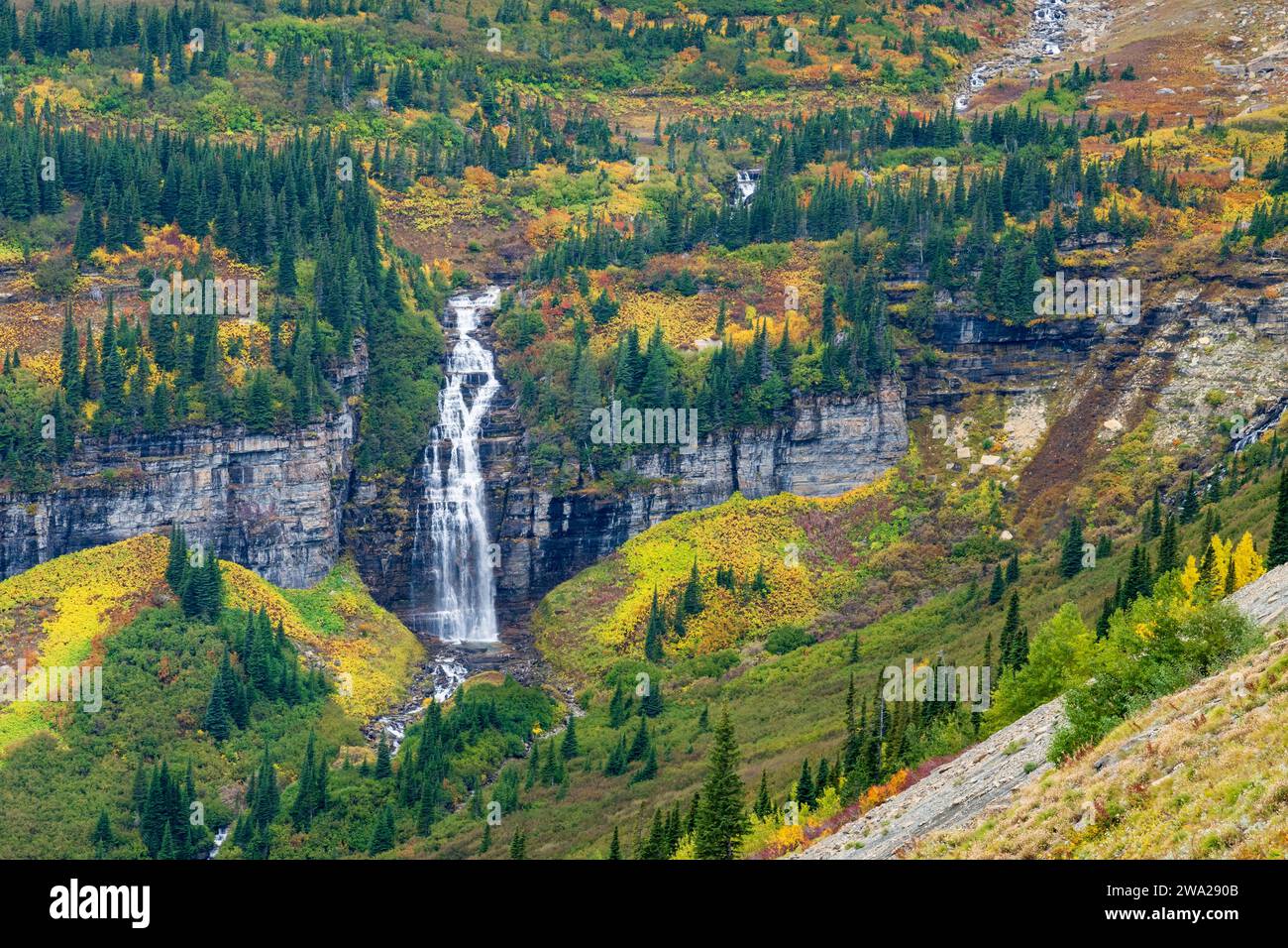Una cascata lungo la strada che conduce alla Sun Road, al Logan Pass, al Glacier National Park, Montana, USA. Foto Stock