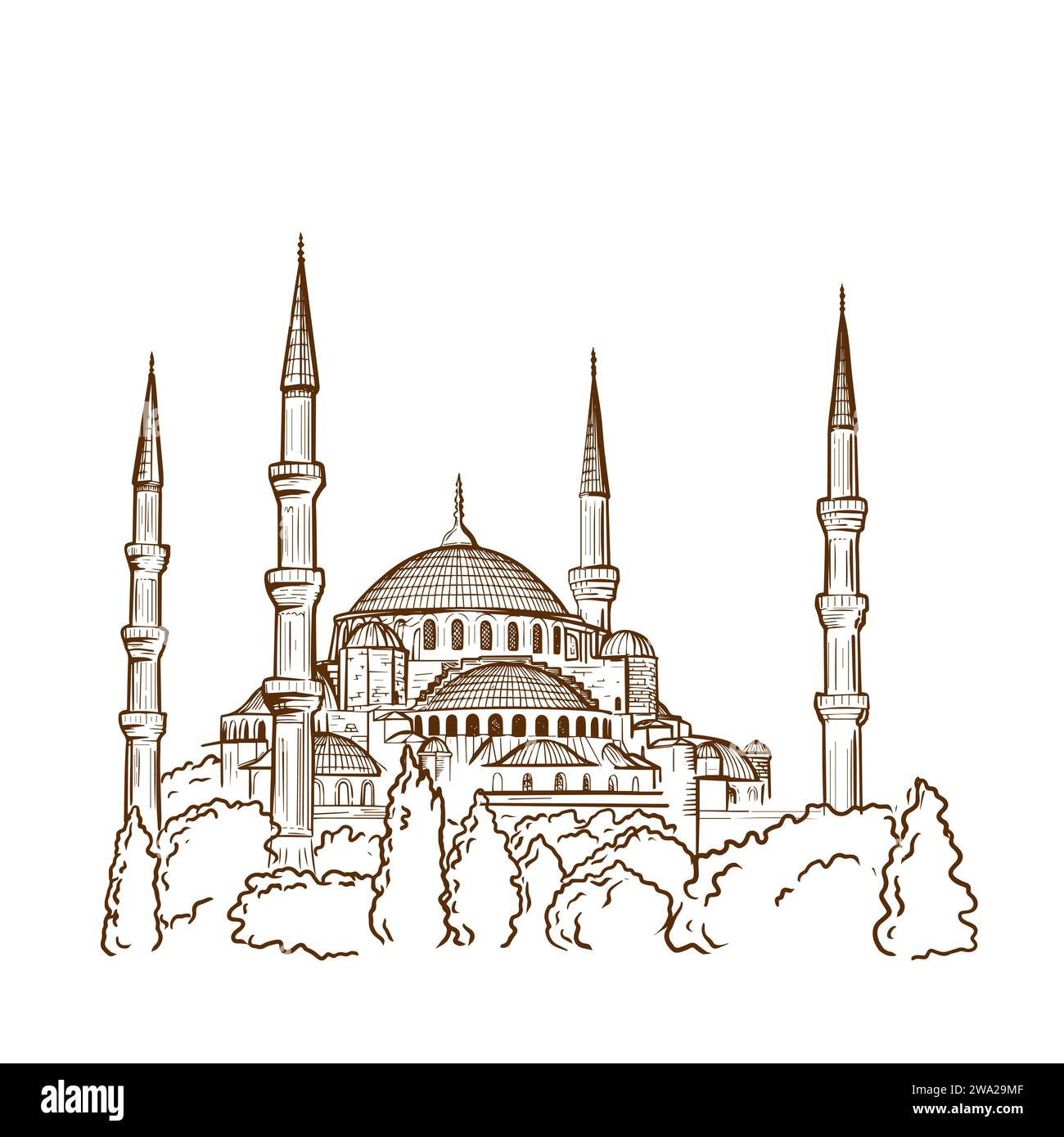 Disegno di una Moschea Blu a Istanbul. Elementi di design delle attrazioni turistiche turche. Illustrazione Vettoriale