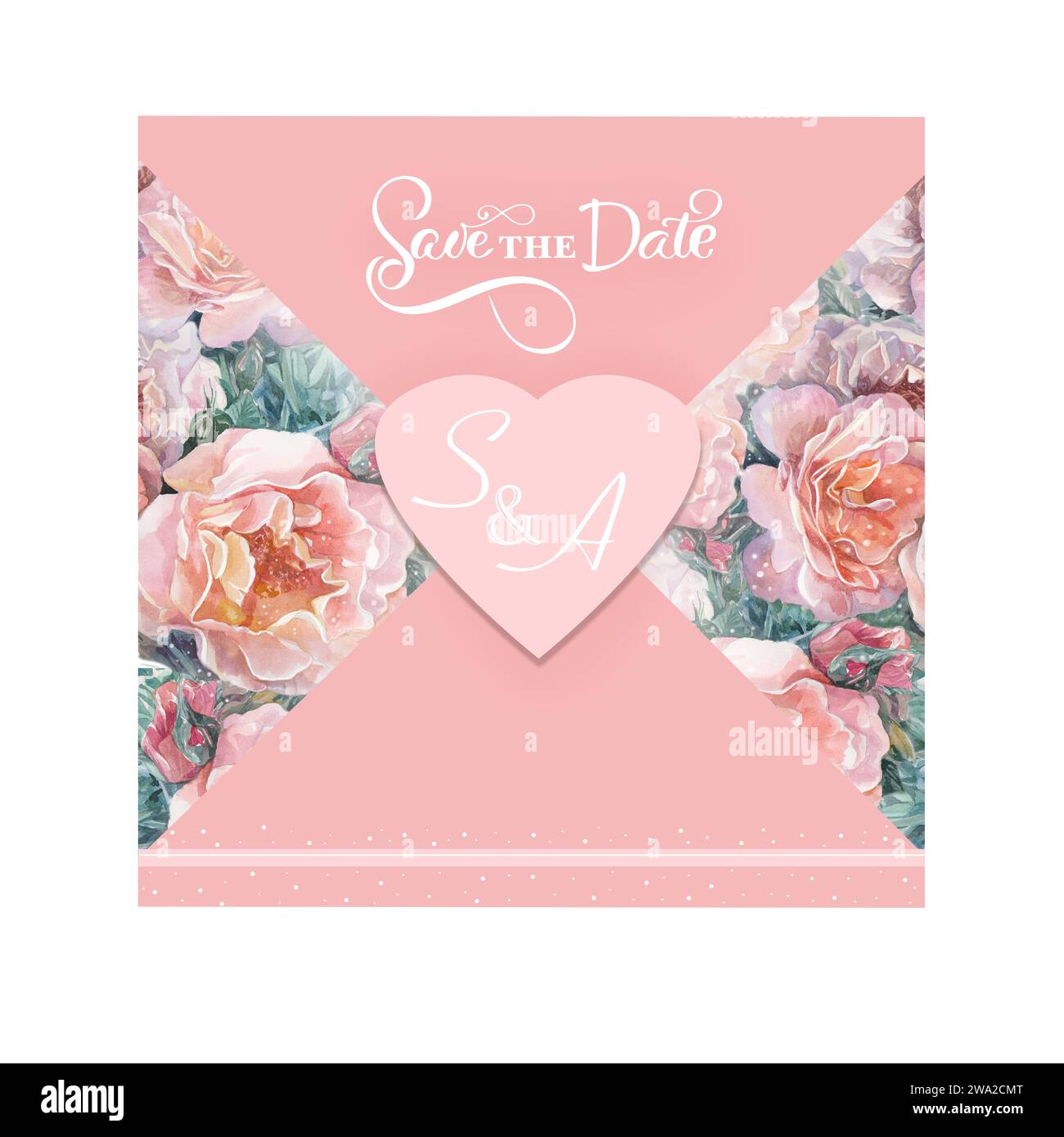 Salva la data con fiori di rose rosa ornamentali ad acquerello Foto Stock