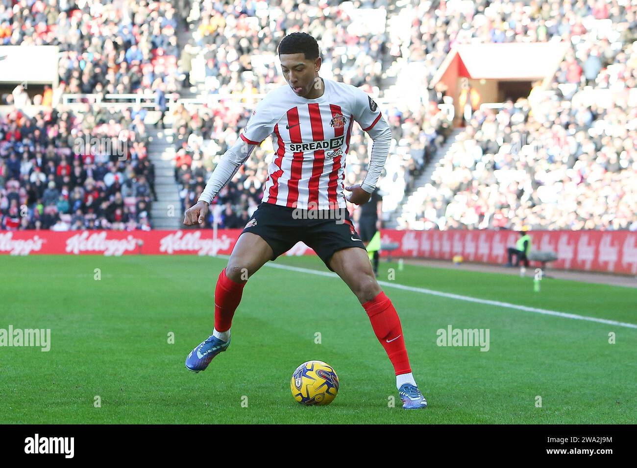 Sunderland lunedì 1 gennaio 2024. Jobe Bellingham di Sunderland durante il match per lo Sky Bet Championship tra Sunderland e Preston North End allo Stadium of Light, Sunderland lunedì 1 gennaio 2024. (Foto: Michael driver | mi News) crediti: MI News & Sport /Alamy Live News Foto Stock