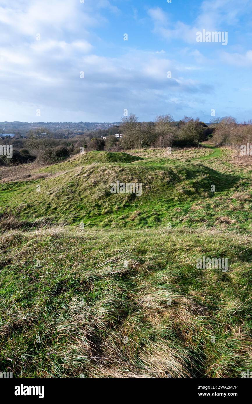 Bronze Age Round Barrows o tumuli nella riserva naturale Magdalen Hill Down vicino a Winchester, Inghilterra, Regno Unito. Questi sono monumenti antichi programmati. Foto Stock