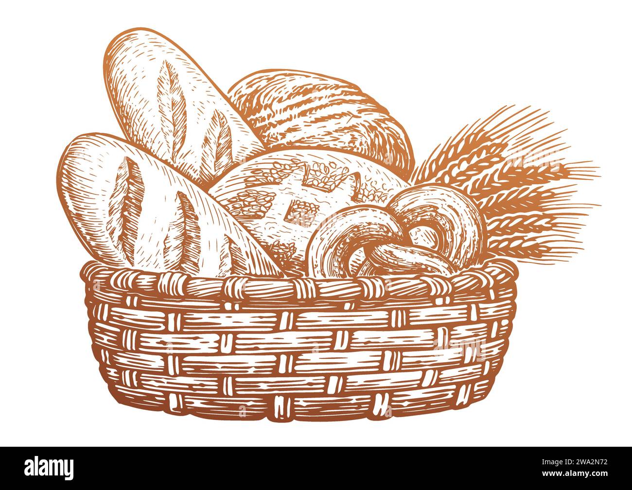 Cestino pieno di prodotti da forno. Pane e pasticceria, disegnare illustrazioni vettoriali vintage Illustrazione Vettoriale