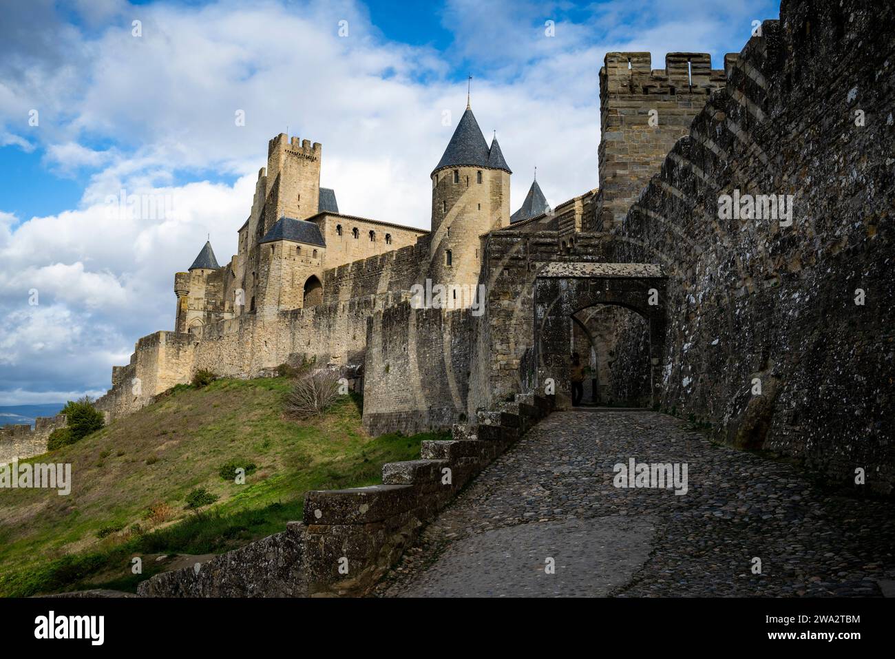La Cité, cittadella medievale con numerose torri di guardia e fortificazioni a doppia parete. Le prime mura furono costruite in epoca gallo-romana, con importanti addi Foto Stock