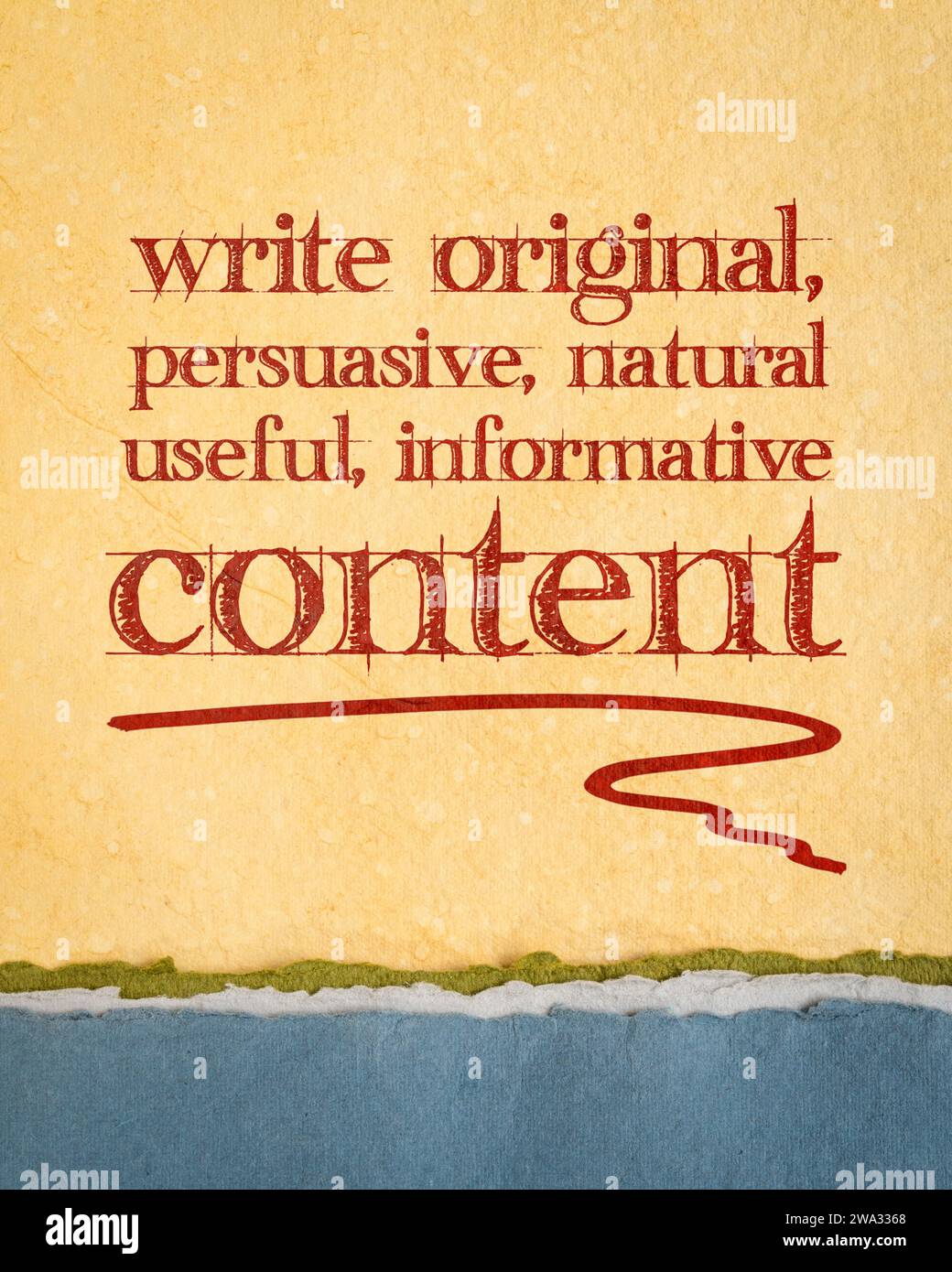 scrivi contenuti originali, convincenti, naturali, utili e informativi - creazione di consigli sui contenuti - testo su carta da disegno Foto Stock