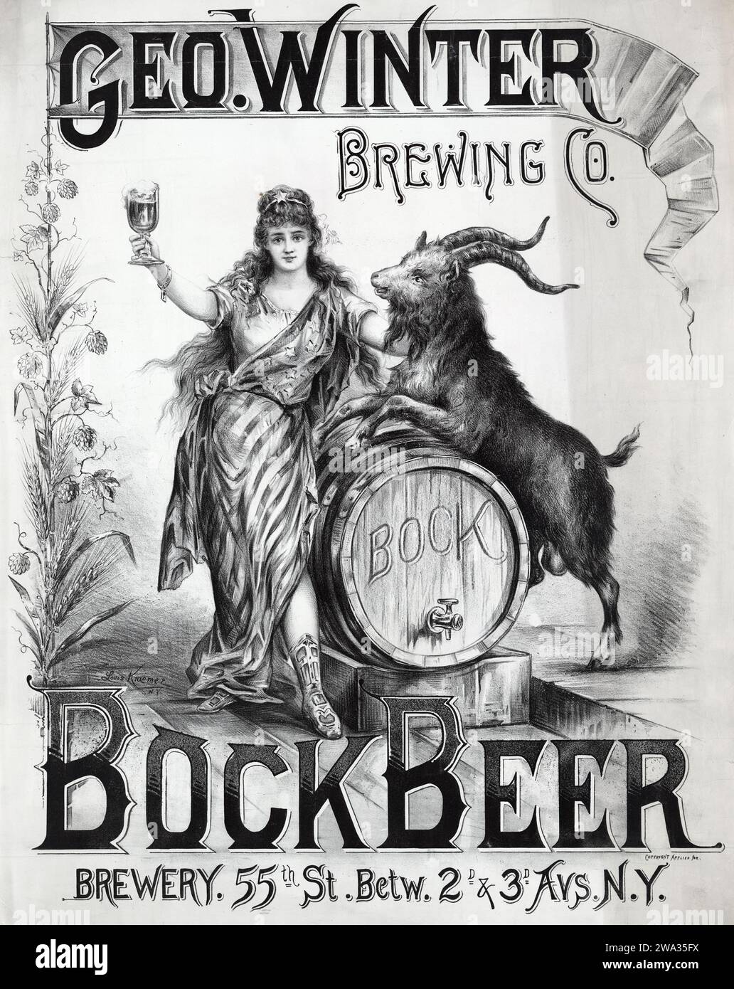 Geo. Winter Brewing Co. Poster pubblicitario Bock Beer c 1900 - Columbia che alleva una pinta di birra con un barile e una capra billy. Foto Stock