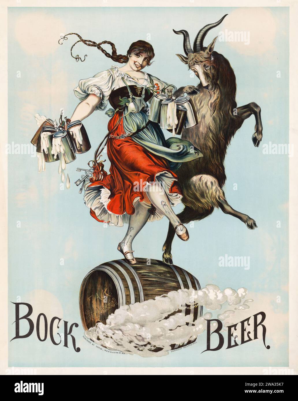 Bock Beer poster - Stampa della pubblicità per la birra che mostra una cameriera e una capra "Bock" che salta su un barile etichettato "F.A.K. Bier Liessel", 1883 Foto Stock