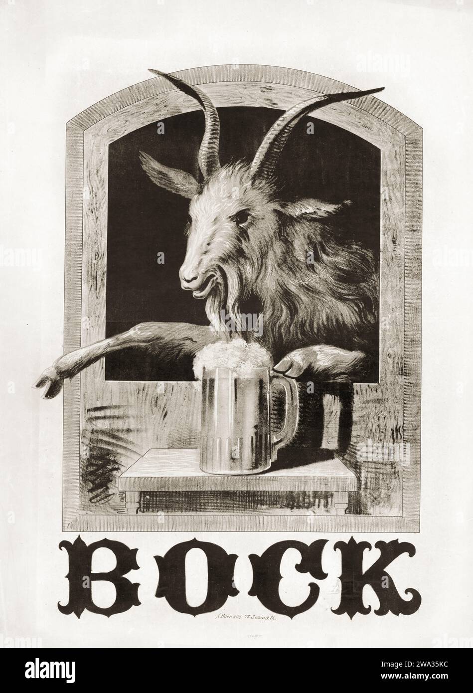 Poster pubblicitario Bock Beer - 1880 - una capra che regge una pinta di birra Foto Stock