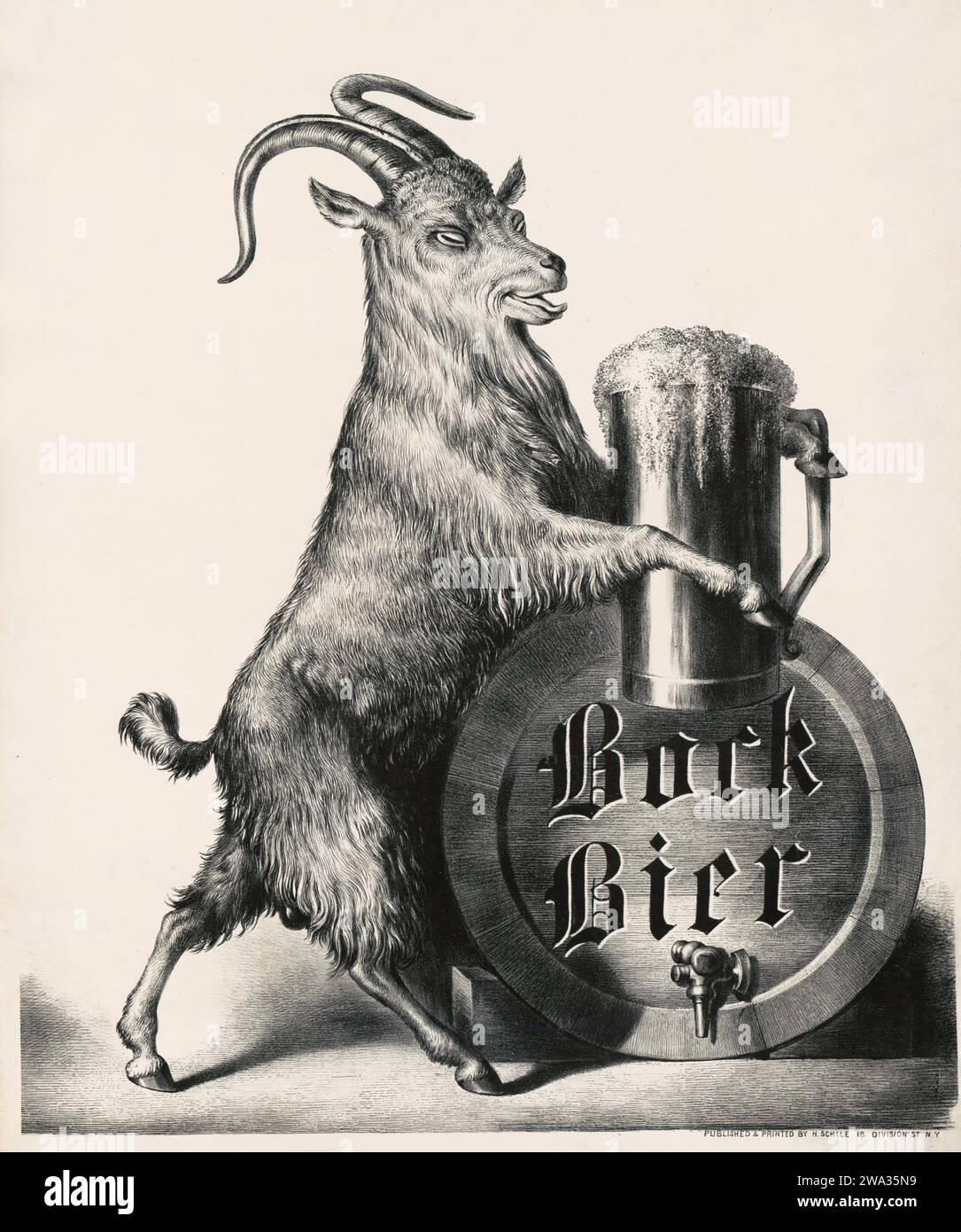 Poster pubblicitario Bock Beer - Bock Bier - capra sulle zampe posteriori, con una grande pinta di birra con zoccoli anteriori - barile di birra Foto Stock