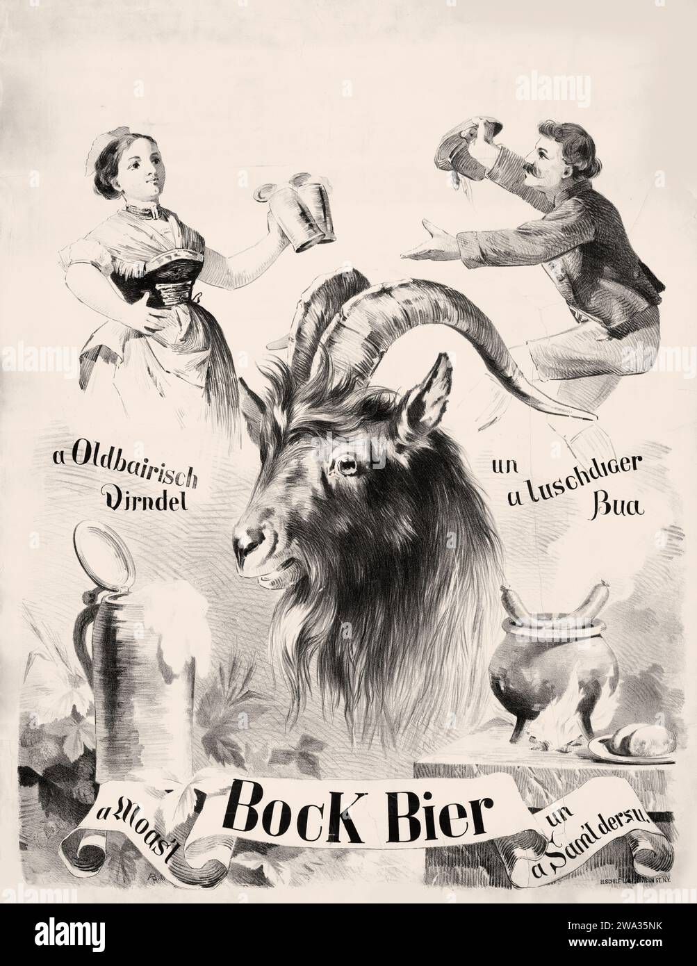 Bock Bier - poster pubblicitario della birra Bock, 1884 - poster antico con una capra Foto Stock
