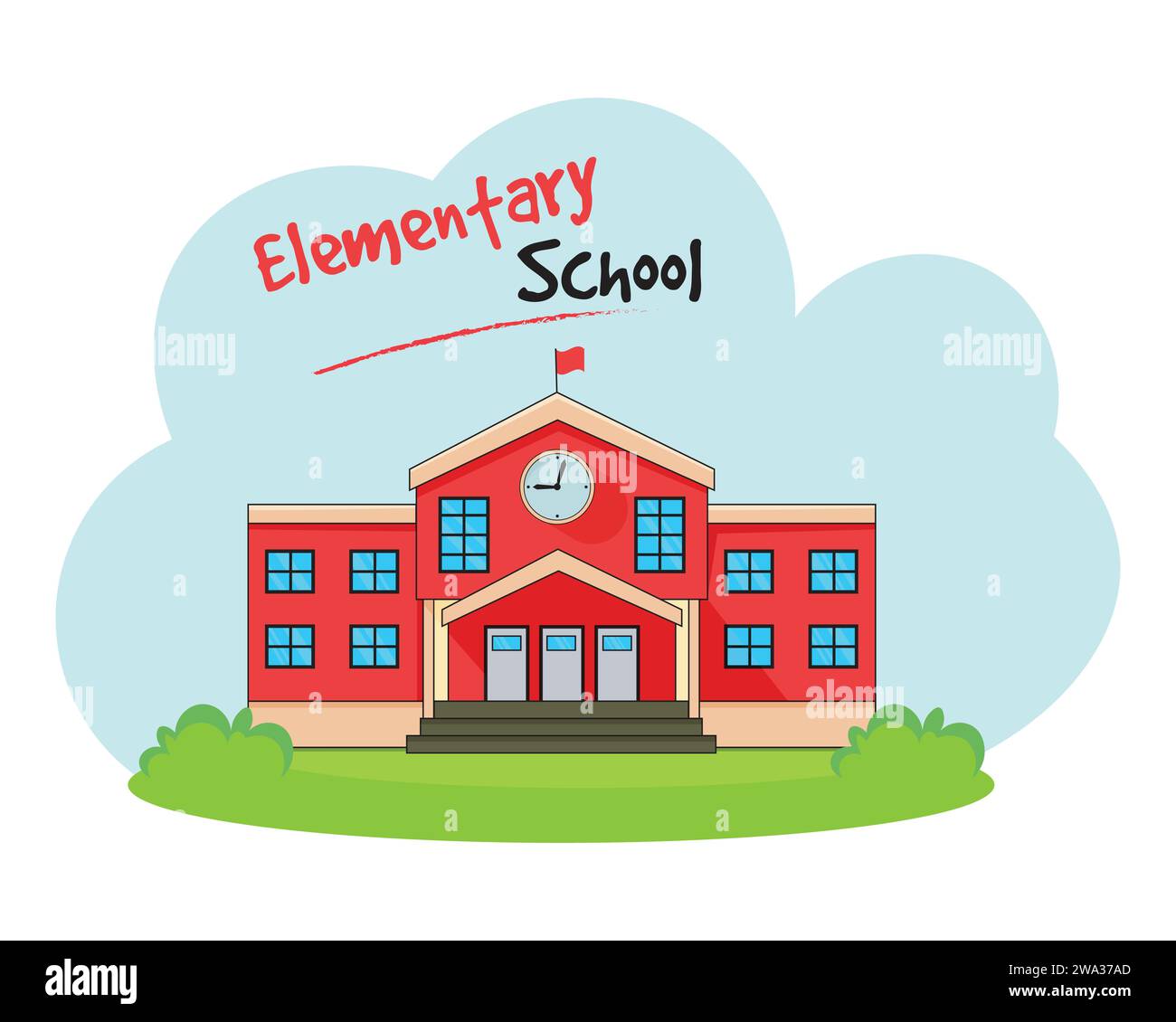 Illustrazione vettoriale della scuola elementare. Edificio scolastico dal design piatto Illustrazione Vettoriale