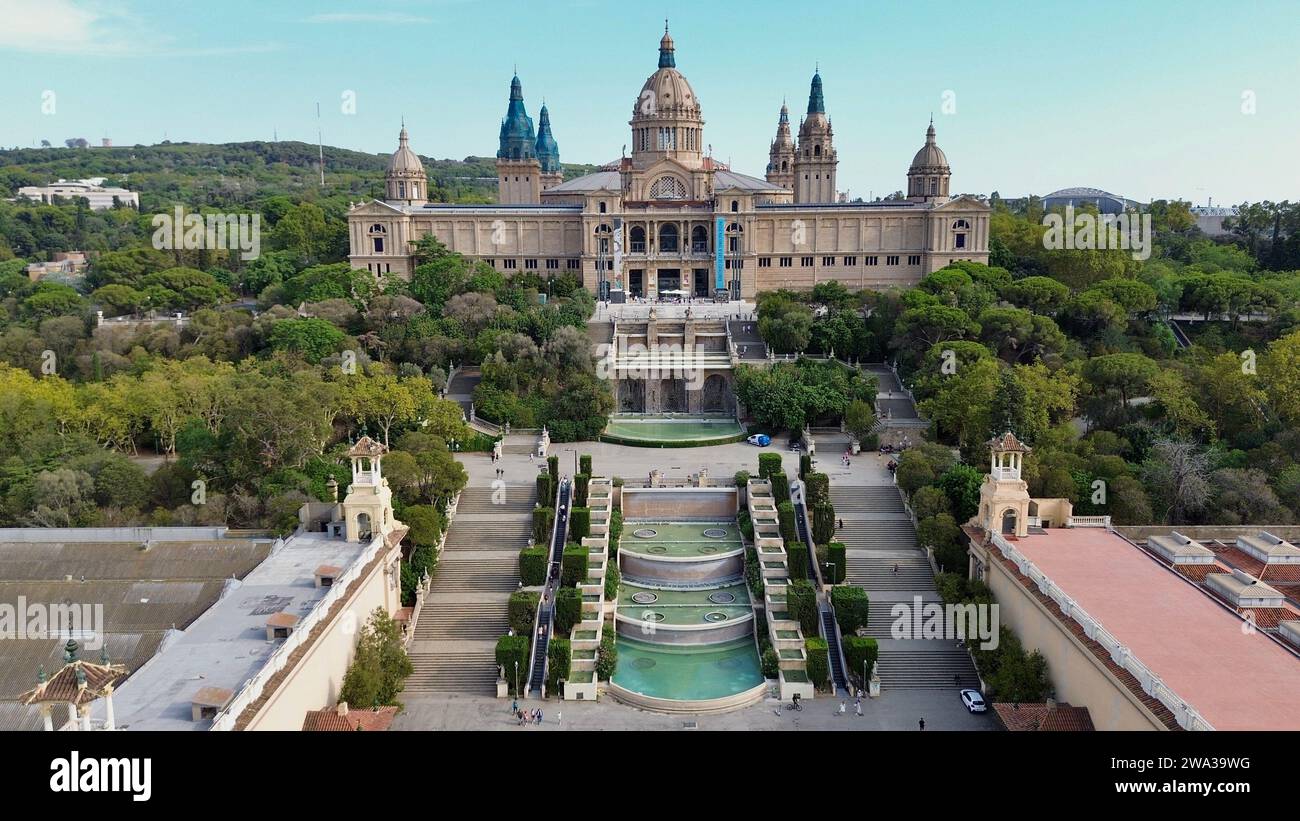 Foto drone Palazzo Nazionale Montjuic, Palau Nacional de Montjuic Barcellona Spagna Europa Foto Stock